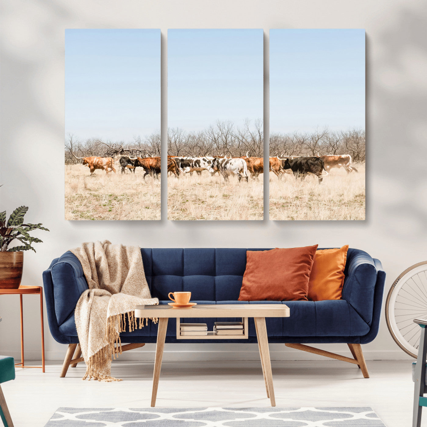 16563092-MGV-CV-36X24-Texas Longhorns Wall Art Canvas Print – Framed Western Cattle Rustic Herd Farmhouse Country Animal Artwork for Home Office