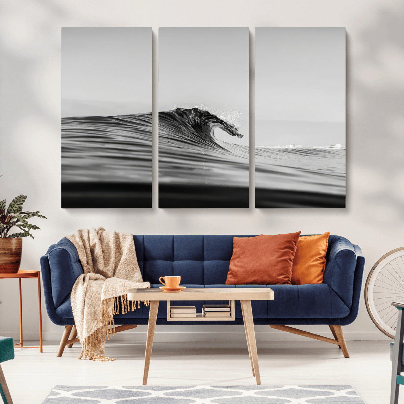 24029476-MGV-CV-48X32-3P-Black Wave Wall Art Canvas Print, Framed Abstract Surf Art Picture Print, Minimalist Ocean Perfect Minimalist Coastal Decor Artwork