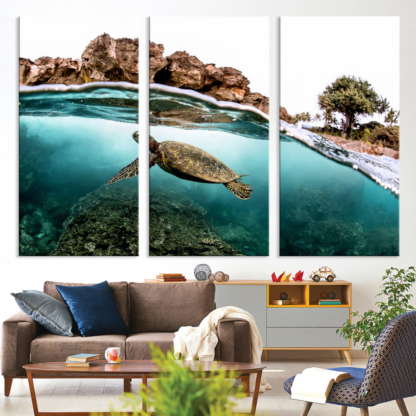 -Sea Turtle Wall Art Canvas Print, Framed Ocean Life Art Picture Print, Tropical Perfect Coastal