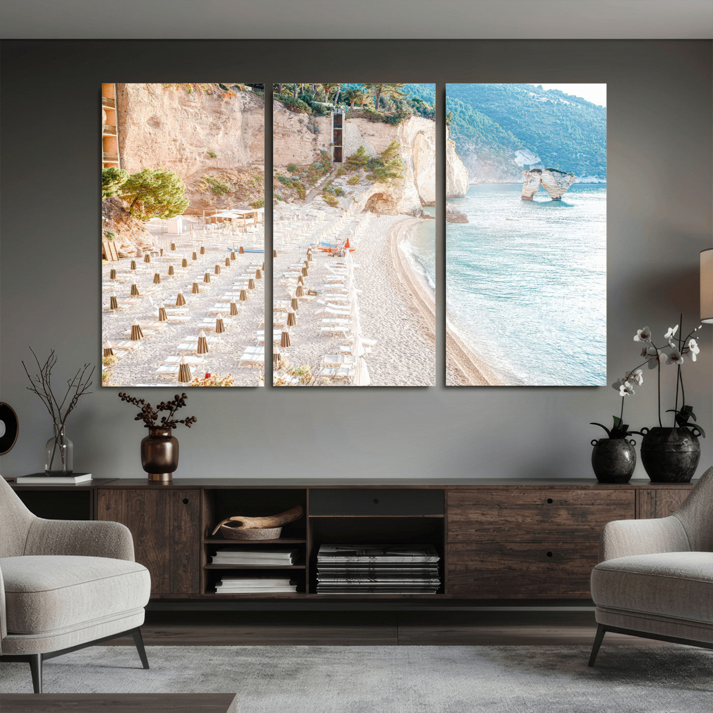 84816639-MGV-CV-36X24 - Sunny Beach Wall Art – Chairs & Umbrellas Canvas Print, Clear Water, Rocky Cliffs, Coastal Calm for Living Room or Vacation Home Decor