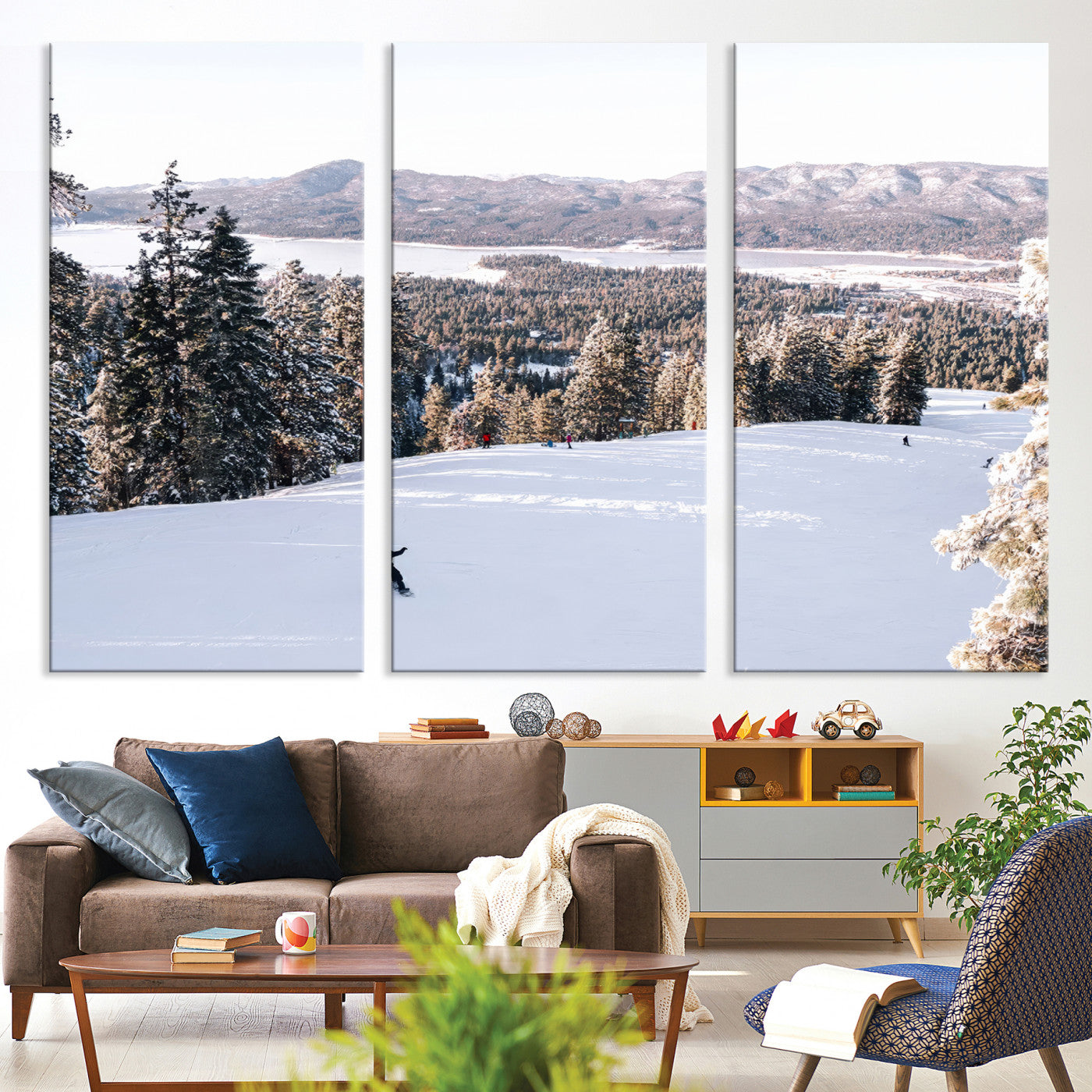 -Snowy Mountain Wall Art Canvas Print, Framed Ski Slope Art Picture Print, Winter Forest Perfect