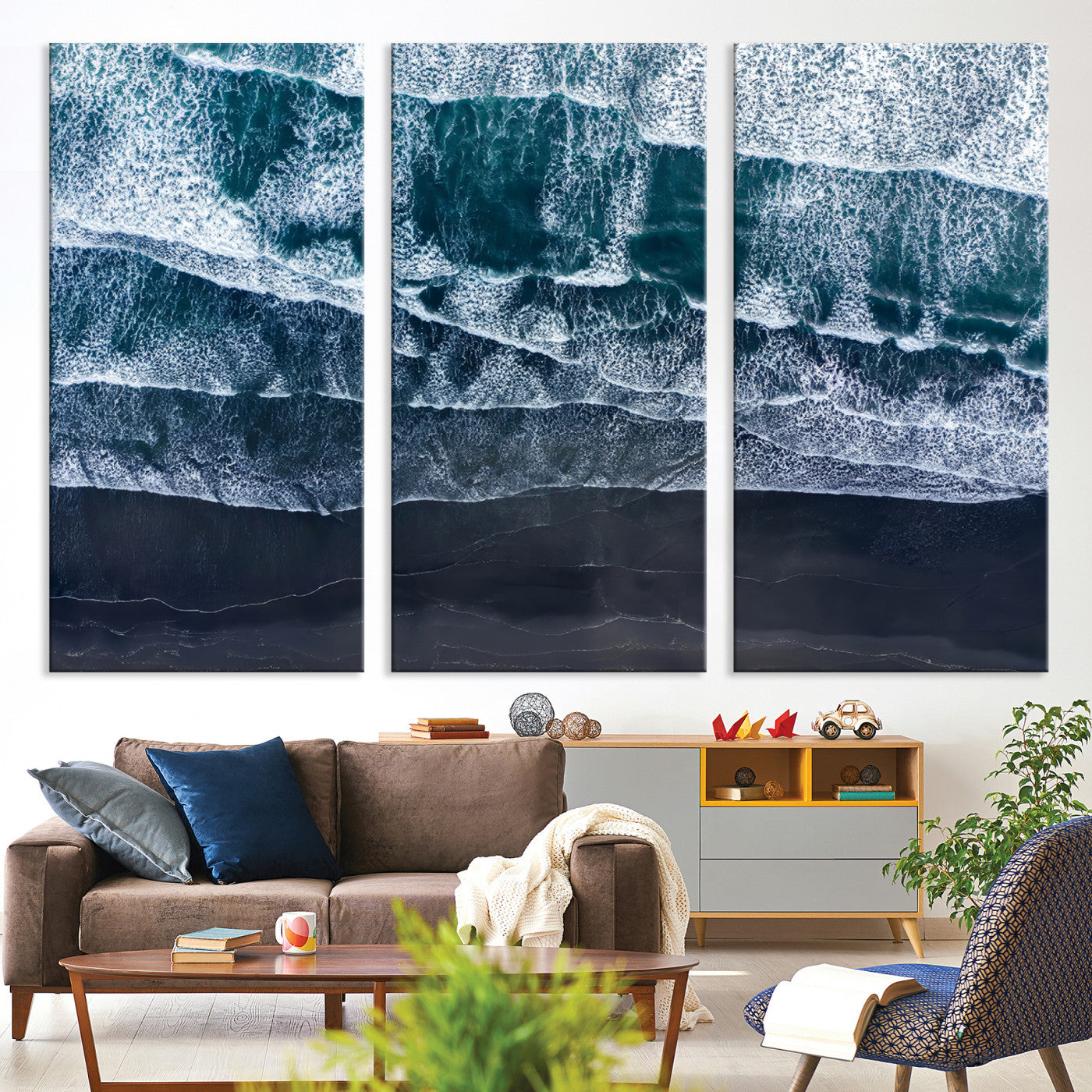 87941475-MGV-CV-36X24-Black Beach Wall Art Canvas Print – Framed Aerial Ocean View Moody Coastal Seascape Nature Artwork for Home Office