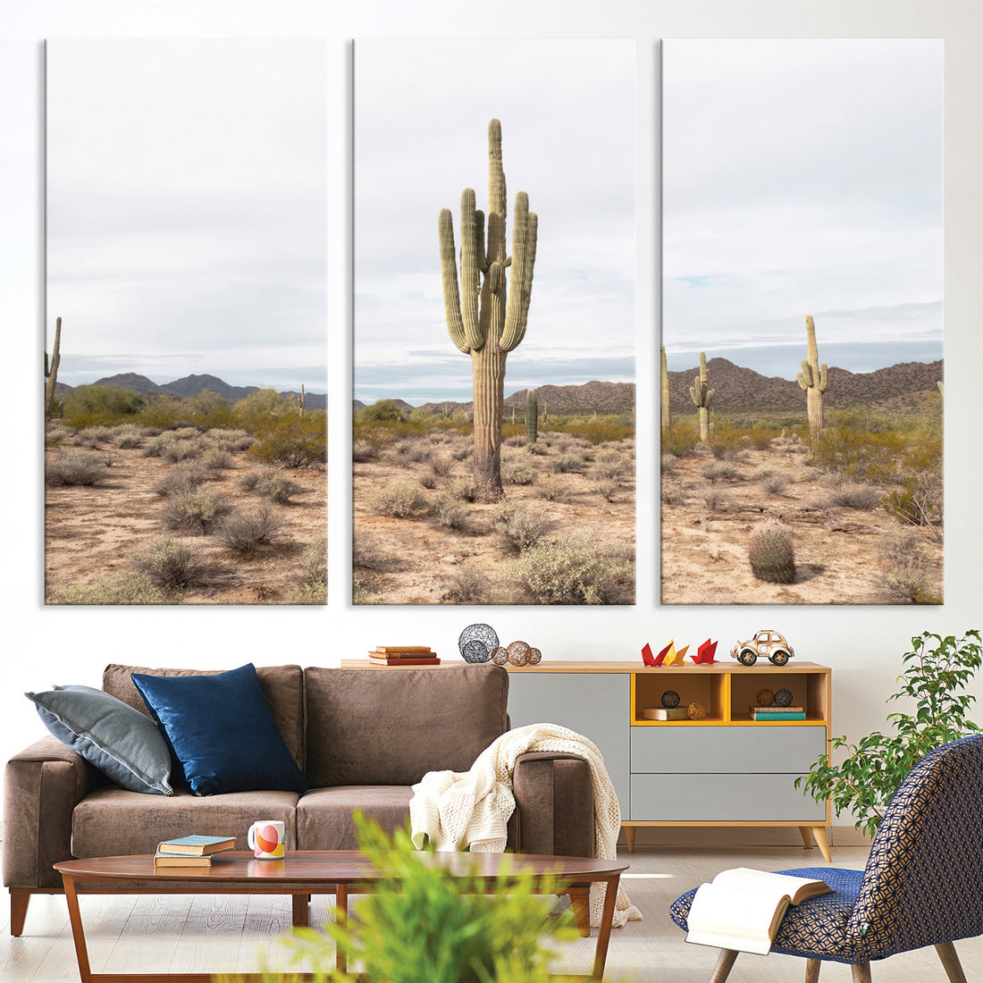 Saguaro Cactus Wall Art Canvas Print, Framed Desert Landscape Minimalist Boho Art