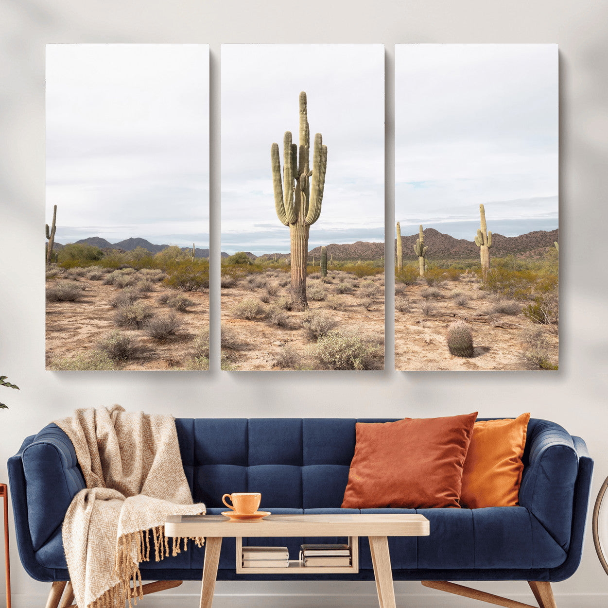 MGV-CV-48X32-3P - Saguaro Cactus Wall Art Canvas Print, Framed Desert Cactus Art Picture Print, Earthy Desert Perfect Southwestern Boho Decor Artwork