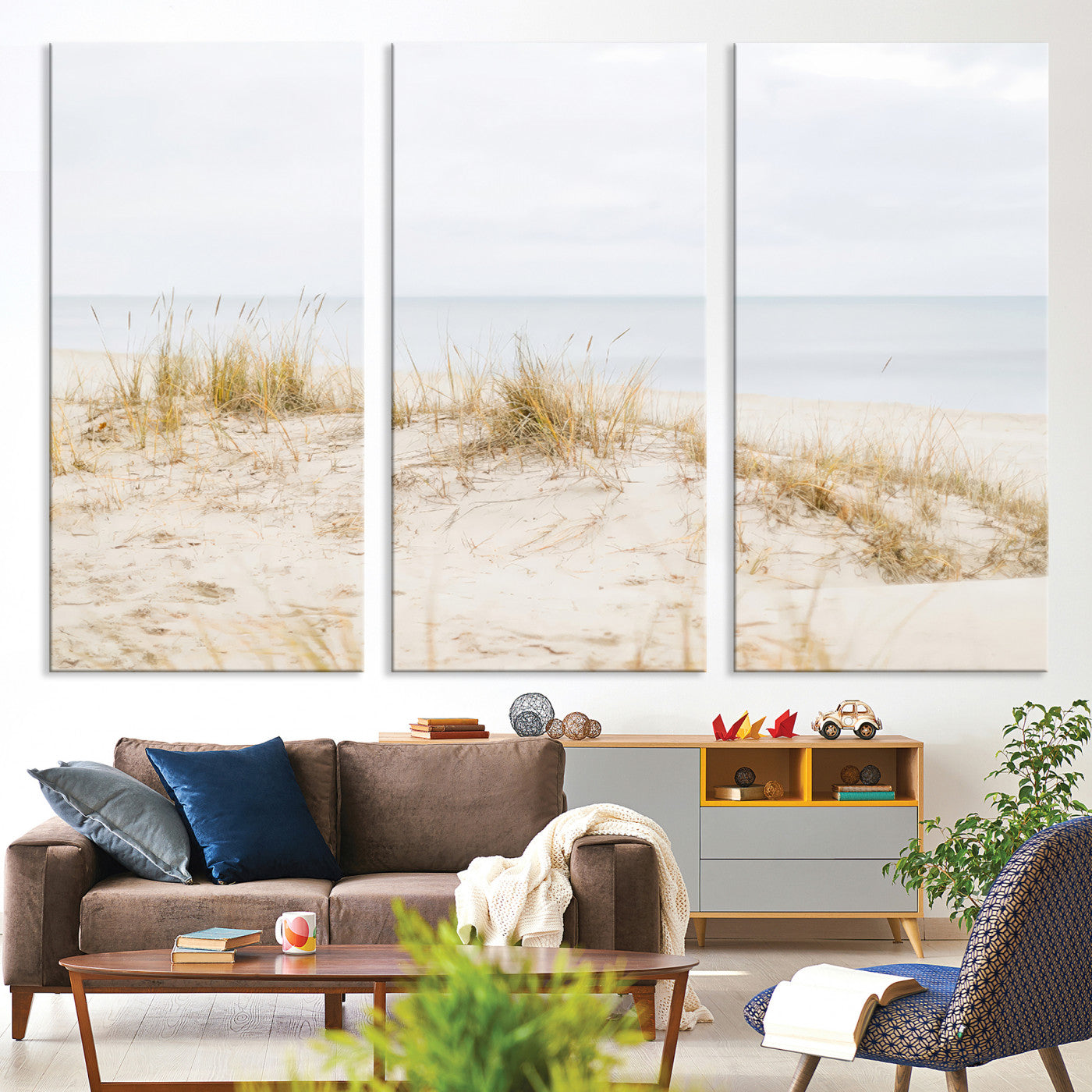 -Beach Dunes Wall Art Canvas Print, Framed Coastal Grass Art Picture Print, Sand Perfect Minimalist