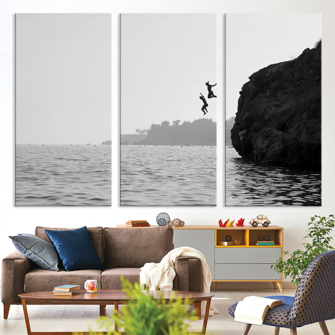 52284302-MGV-CV-36X24-Jumping Wall Art Canvas Print – Framed Coastal Ocean Scene Artwork for Relaxing Beach Home, Office Decor