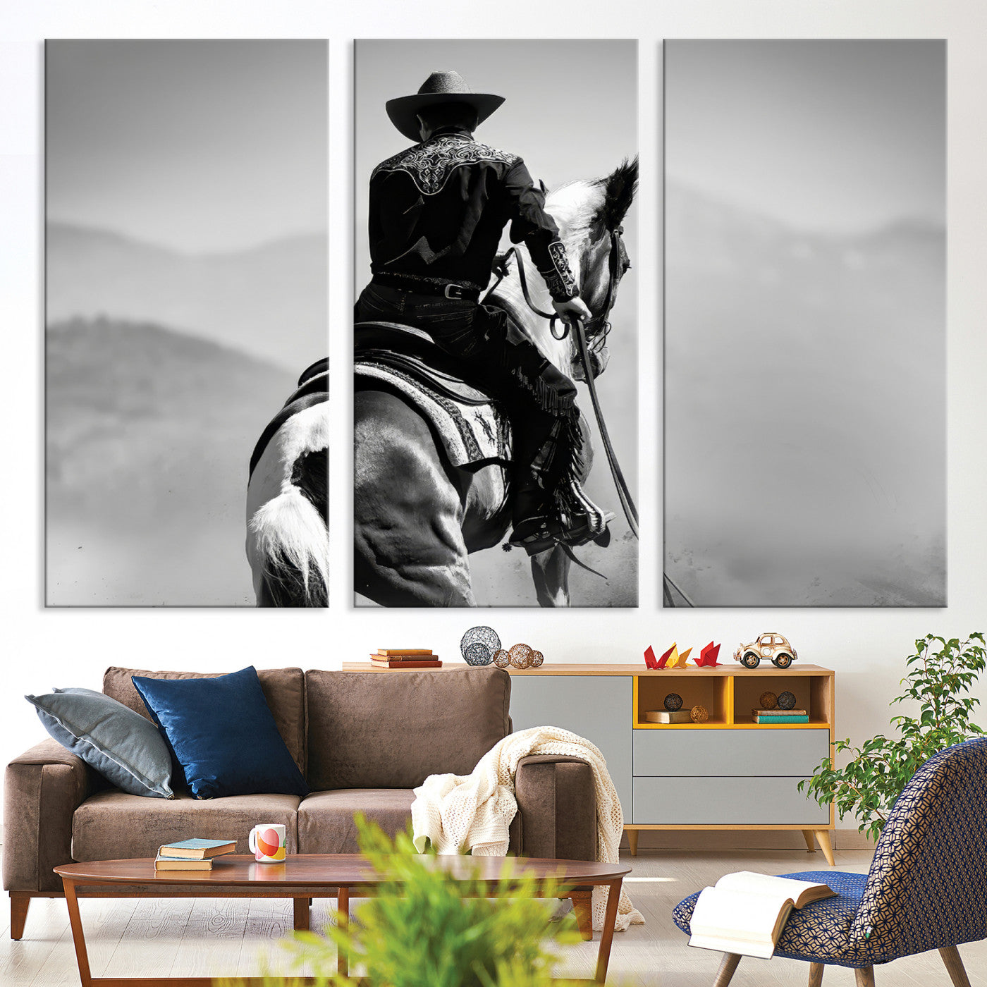 83102464-MGV-CV-36X24-Western Wall Art Canvas Print – Framed Cowboy and Horse Scene Artwork for Rustic Western Home, Office Decor