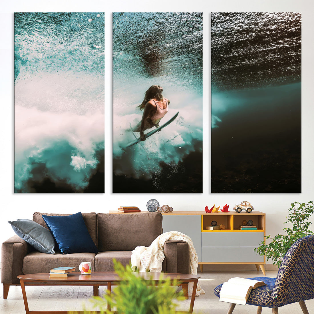 Vibrant Aquatic Motion Wall Art Canvas Print, Framed Underwater Female Surfer Diving Art