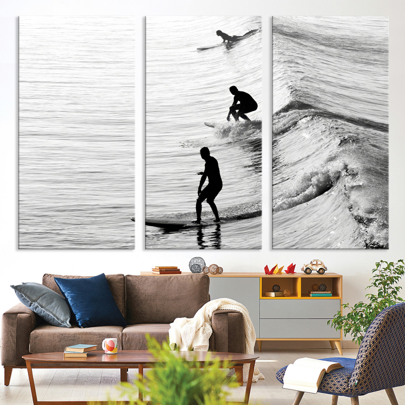 -Surfers on Waves Wall Art Canvas Print, Framed Black White Surf Art Picture Print, Monochrome Ocean