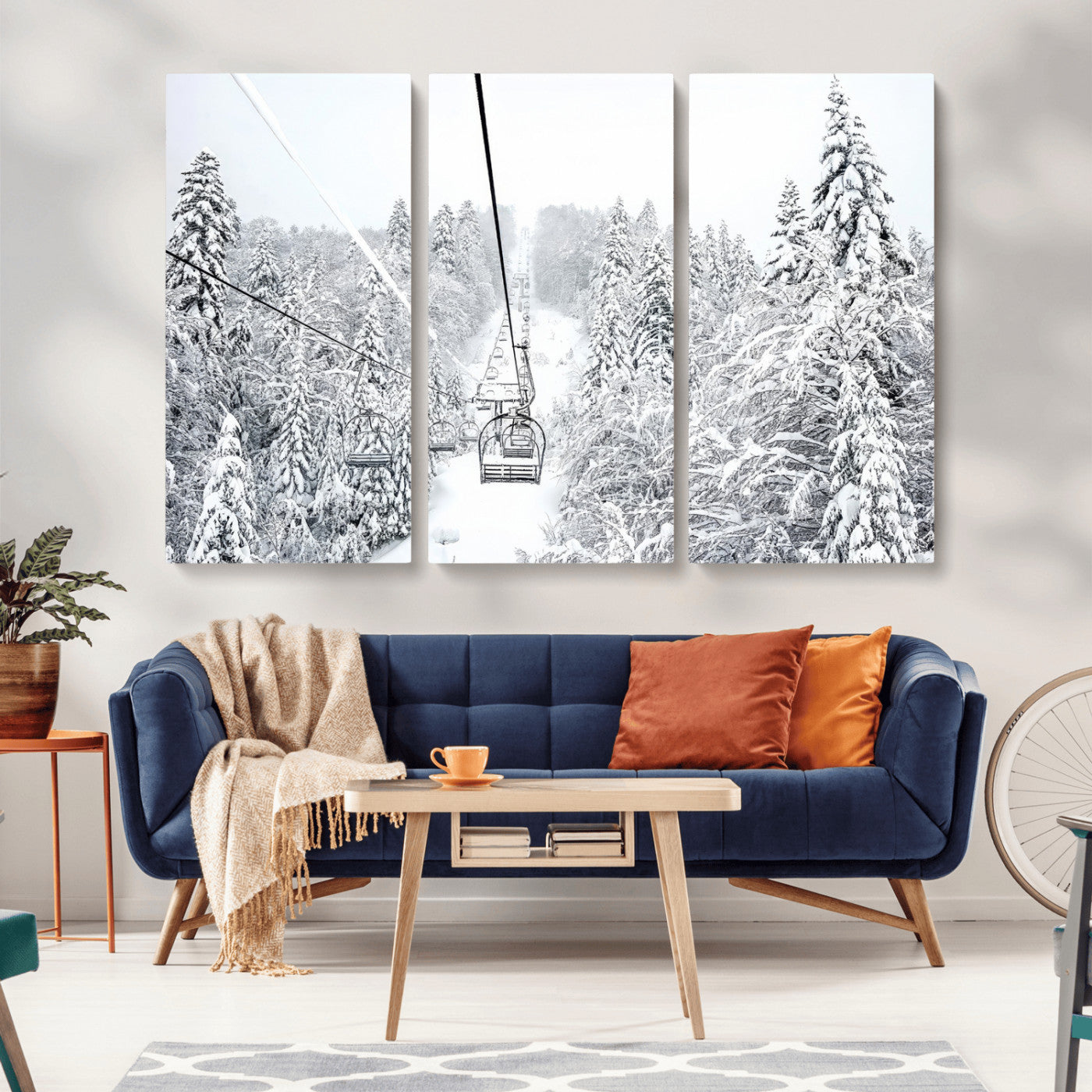 44705668-MGV-CV-36X24-Snowy Ski Lift Wall Art – Framed Winter Mountain Canvas Artwork, Serene Forest Design, Modern Nature Decor for Home, Office