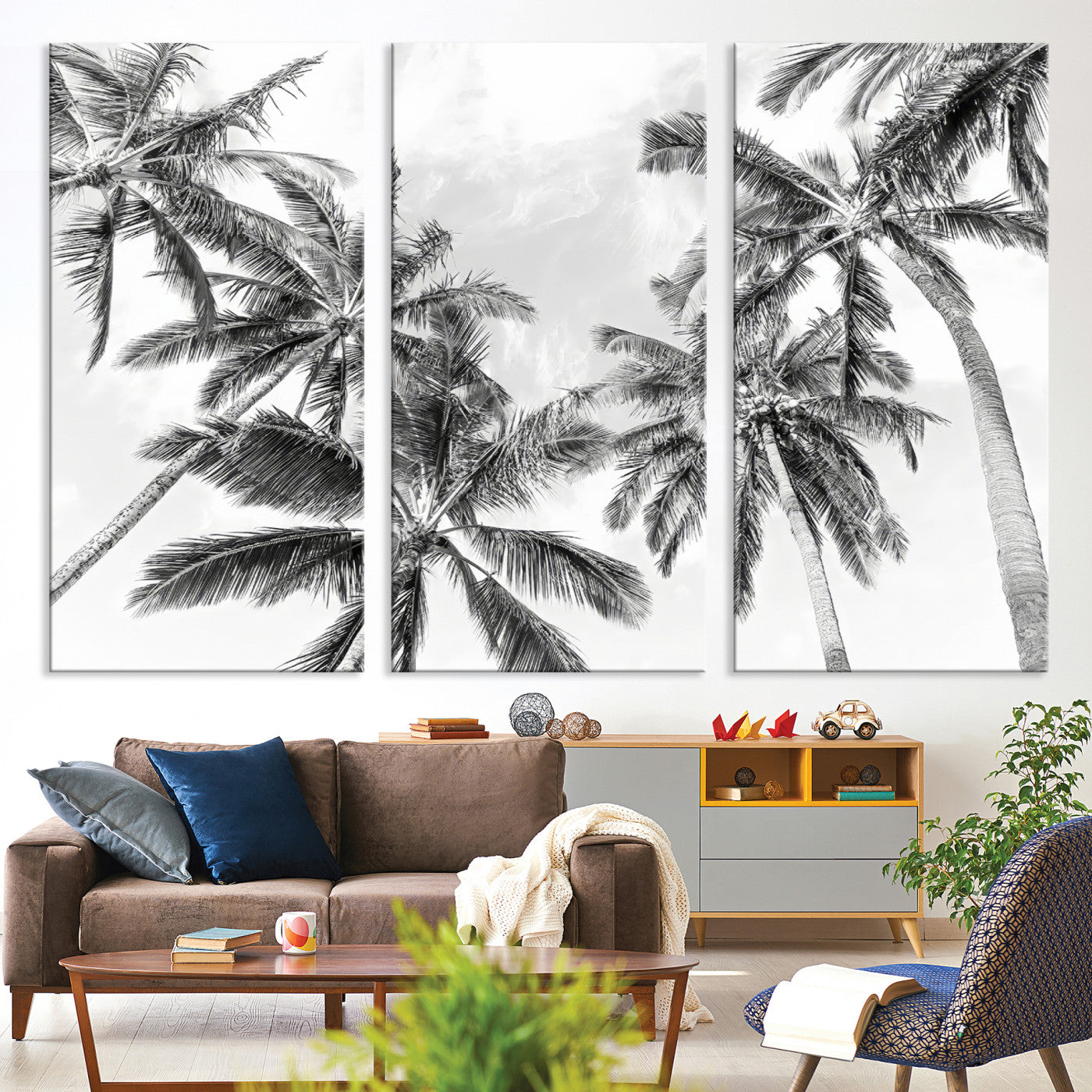 62113786-MGV-CV-36X24-Black and White Palm Wall Art Canvas Print – Framed Monochrome Tropical Beach Scene Artwork for Modern Home, Office Decor