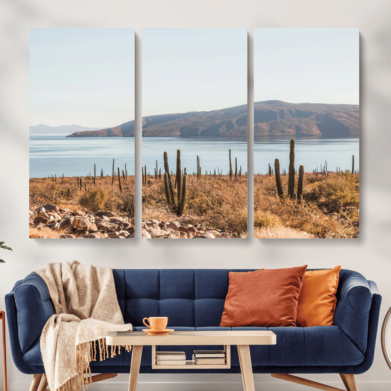 MGV-CV-48X32-3P - Desert Cactus Wall Art Canvas Print, Framed Baja Coastline Art Picture Print, Coastal Desert Perfect Southwestern Minimalist Decor Artwork