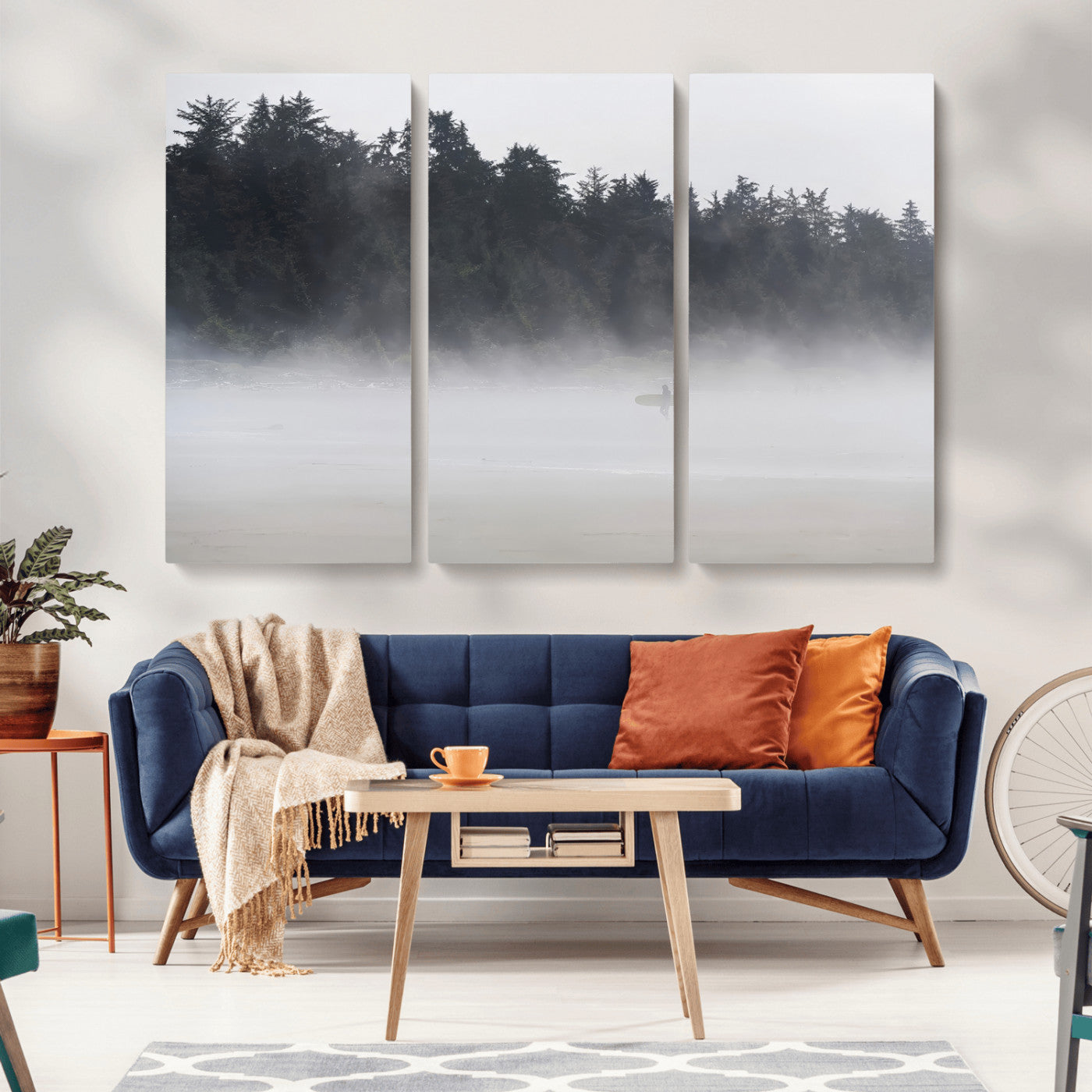 59703275-MGV-CV-36X24-Surfer Fog Wall Art Canvas Print – Framed Foggy Beach Scene with Coastal Surf Artwork for Home, Office, Living Room