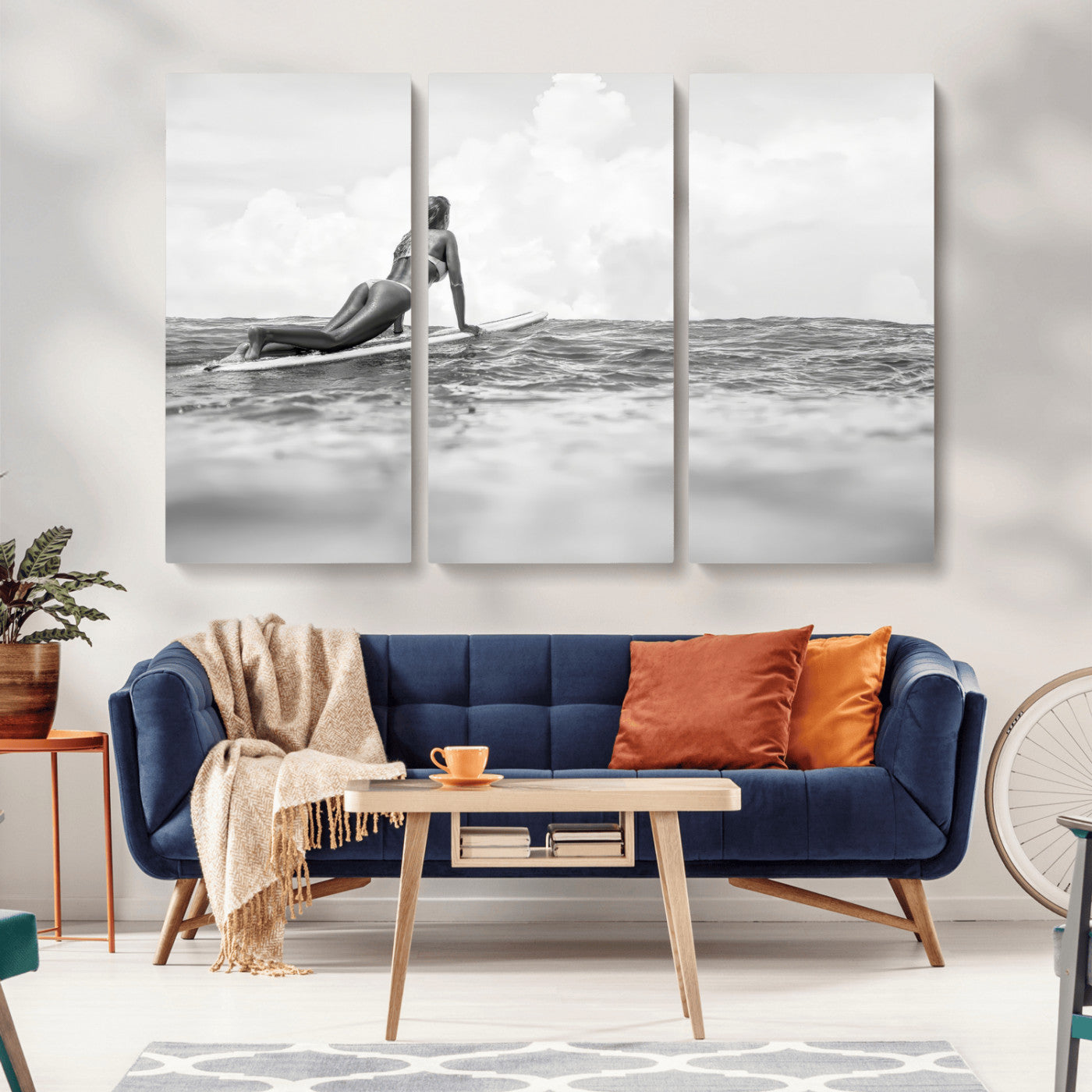 69798068-MGV-CV-48X32-3P-Black and White Surfing Wall Art Canvas Print – Framed Ocean Horizon with Surfer Girl Coastal Adventure Artwork for Home, Office