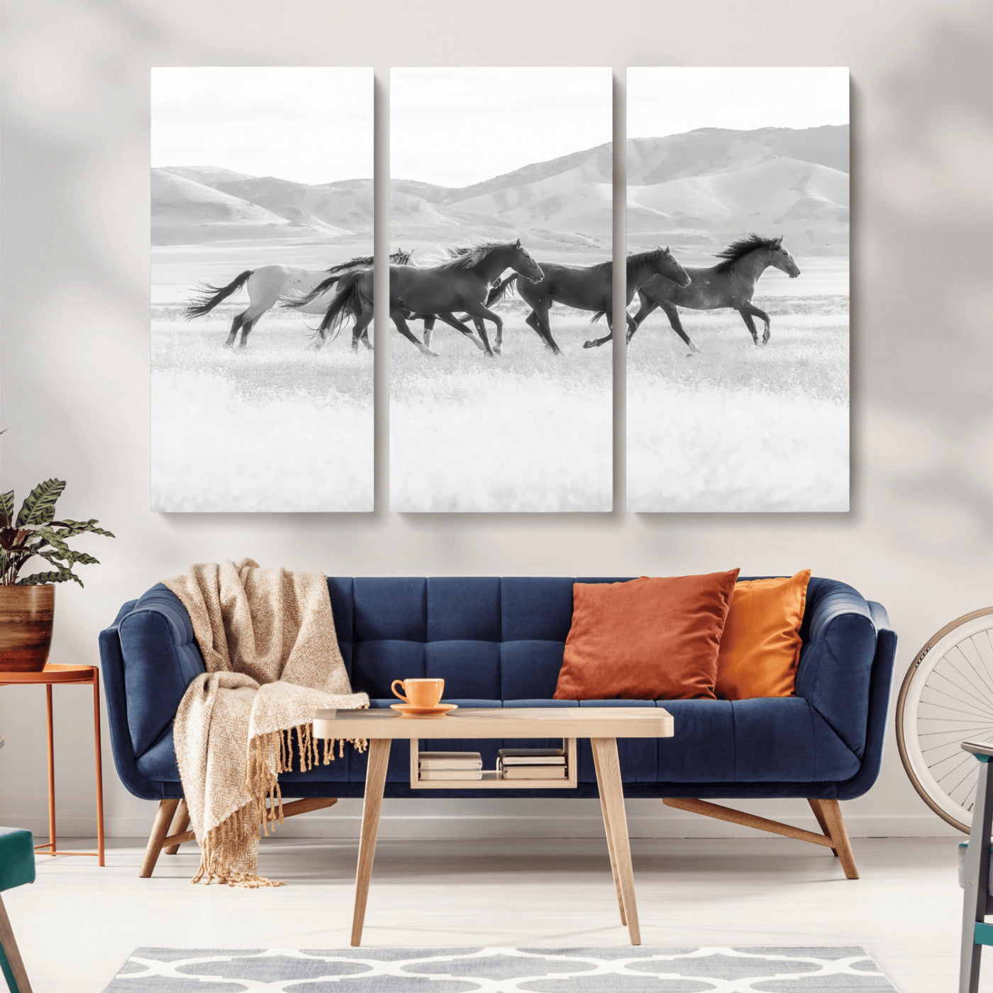 MGV-CV-48X32-3P - Wild Horses Wall Art – Black & White Canvas Print of Herd Running, Nature in Motion, Freedom & Beauty Decor for Guest Room, Office or Living Room