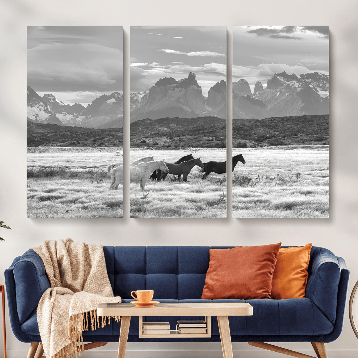 MGV-CV-48X32-3P - Wild Horses Wall Art Canvas Print, Framed Black White Mountains Art Picture Print, Rustic Countryside Perfect Rustic Western Decor Artwork