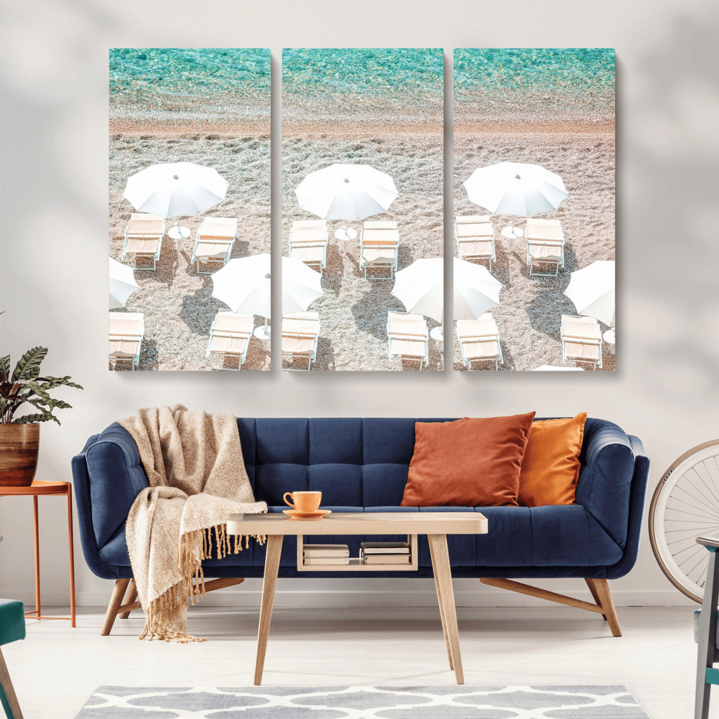 MGV-CV-48X32-3P - Calm Beach Wall Art Canvas Print, Framed Turquoise Water Art Picture Print, Umbrella Shoreline Perfect Coastal Minimalist Decor Artwork
