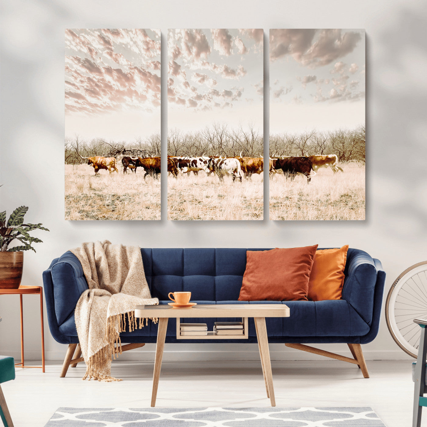 64892775-MGV-CV-36X24 - Longhorn Cattle Wall Art Canvas Print, Framed Texas Ranch Art Picture Print, Western Cow Perfect Western Decor Artwork