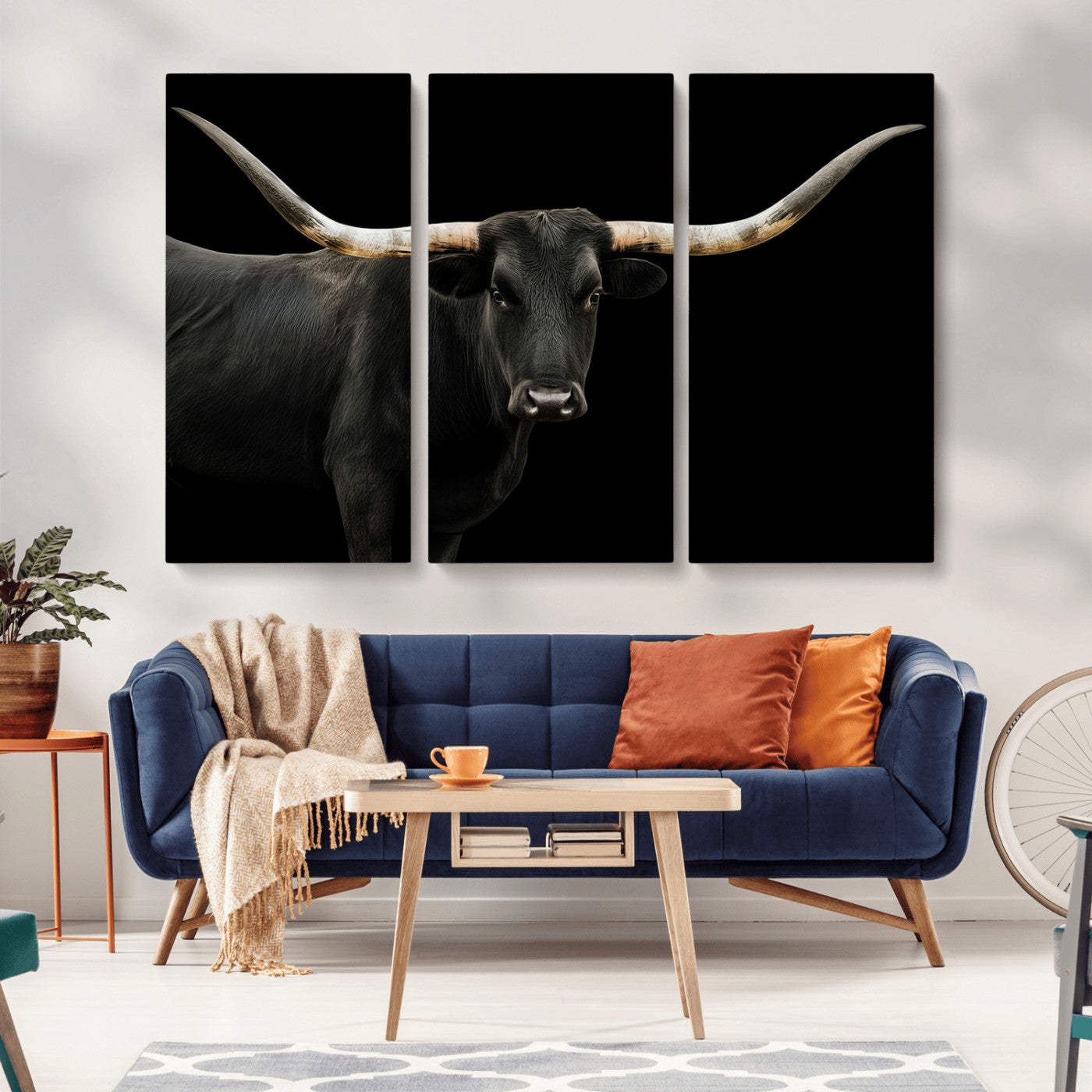 99448328-MGV-CV-36X24-Longhorn Cattle Wall Art Canvas Print – Framed Texas Ranch Scene with Western Cow Artwork for Home, Office, Living Room