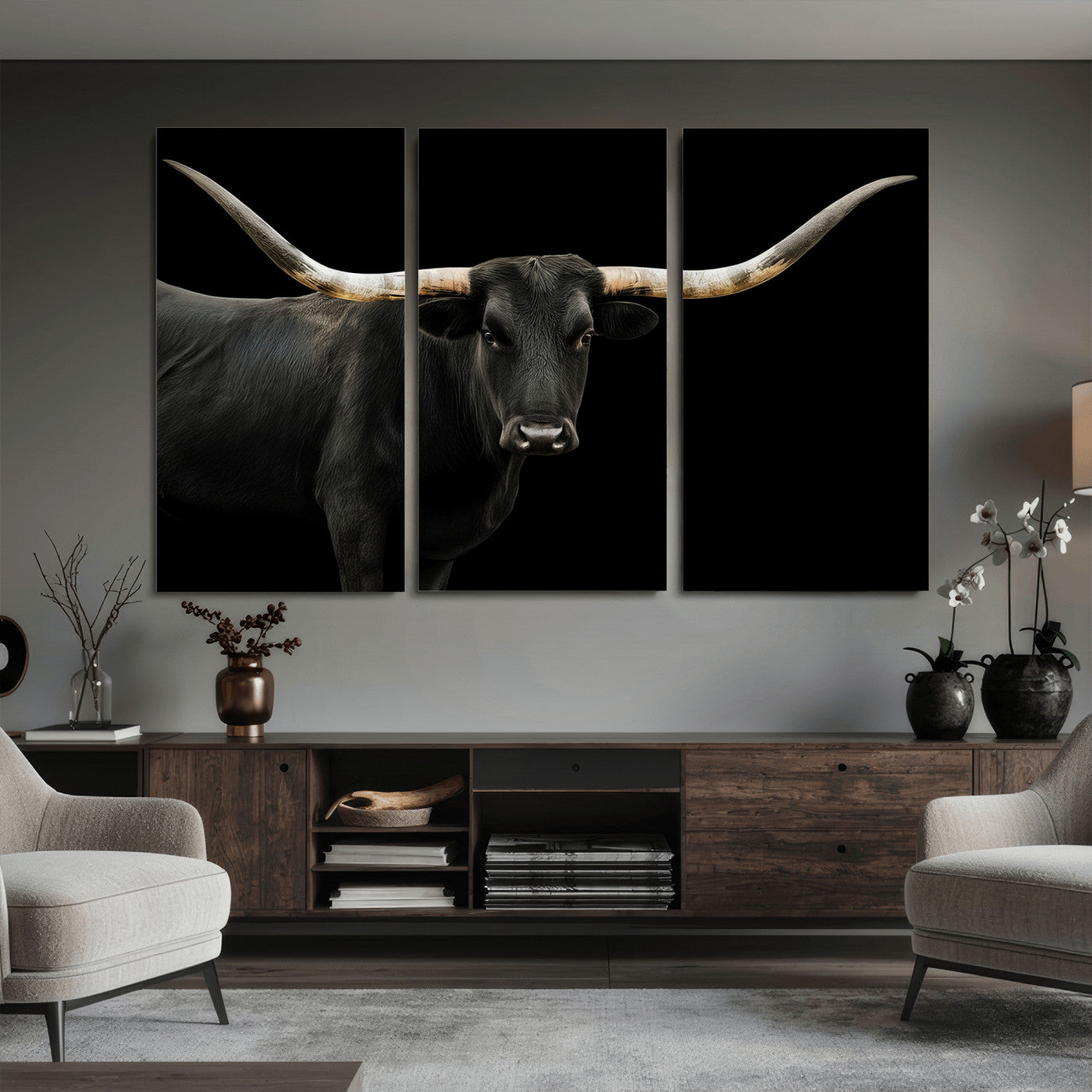 99448328-MGV-CV-36X24 - Longhorn Cattle Wall Art Canvas Print, Framed Texas Black Bull Art Picture Print, Western Cow Perfect Farmhouse Decor Artwork