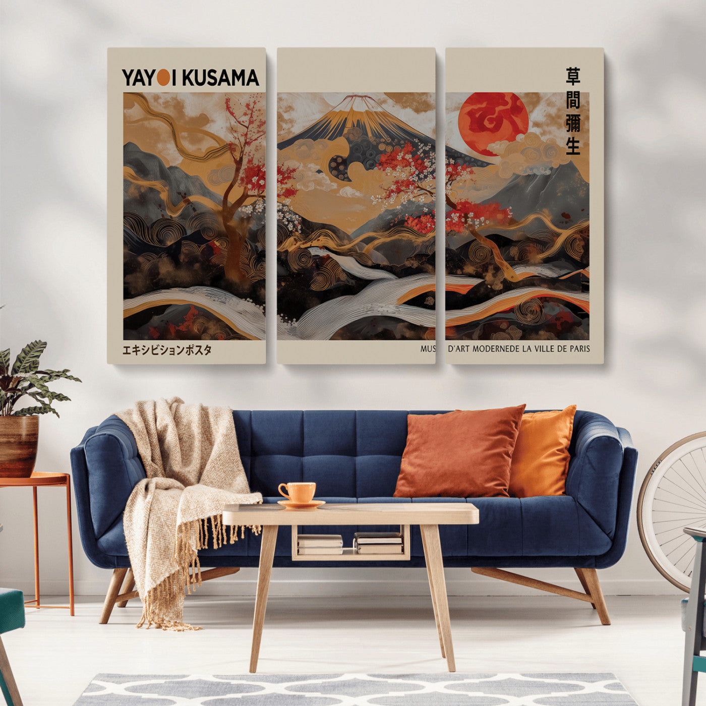 77970791-MGV-CV-36X24-Modern Japanese Wall Art Canvas Print – Framed Abstract Mount Fuji Scene with Yayoi Kusama Artwork for Home, Office