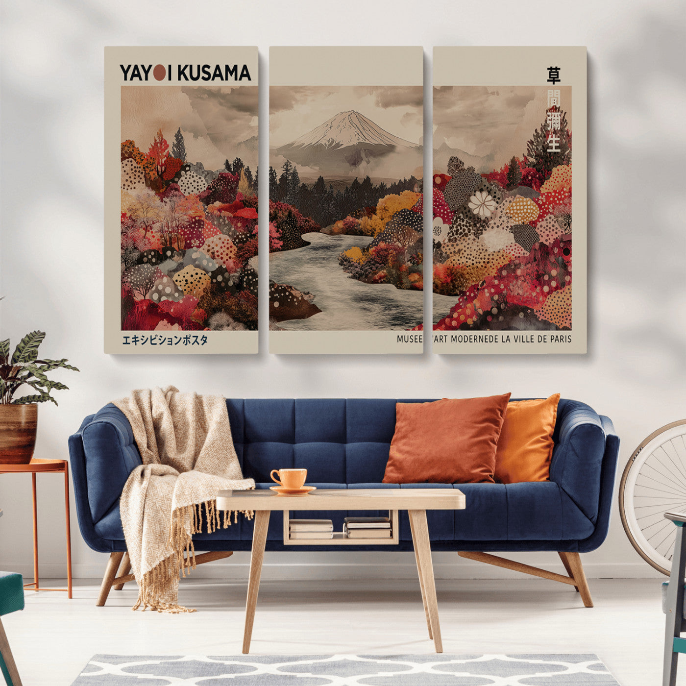 90660838-MGV-CV-36X24-Modern Japanese Wall Art Canvas Print – Framed Abstract Mount Fuji Scene with Yayoi Kusama Artwork for Home, Office