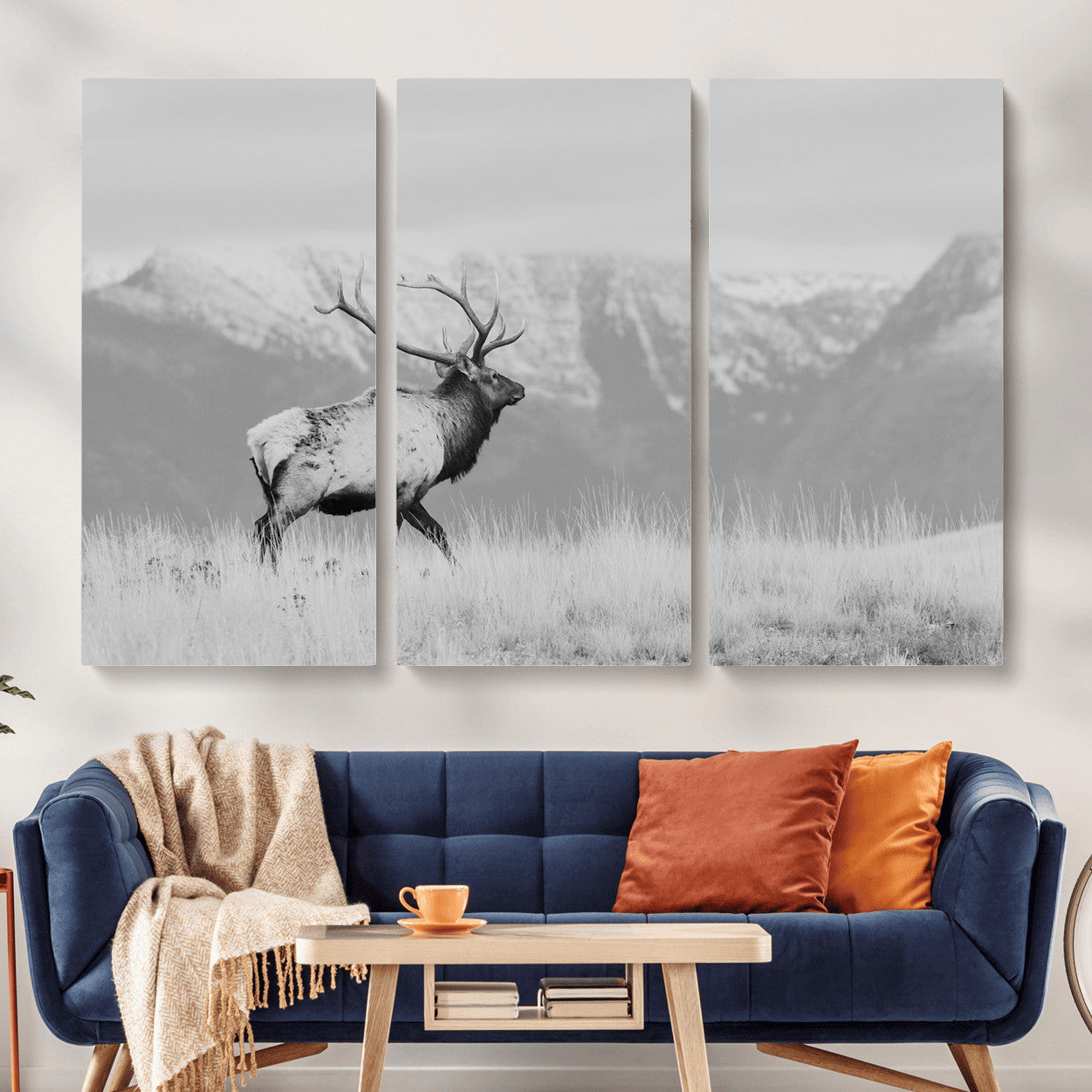 36150391-MGV-CV-48X32-3P - Wall Art Canvas Print – Majestic Elk Black & White Wilderness, Scenic Mountain and Grassland Landscape, Wildlife Nature Decor for Home or Office