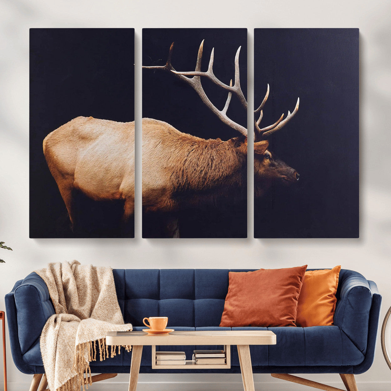 89239257-MGV-CV-48X32-3P - Rustic Elk Wall Art Canvas Print – Framed Moody Wildlife Art Picture Western Animal Artwork for Home, Office
