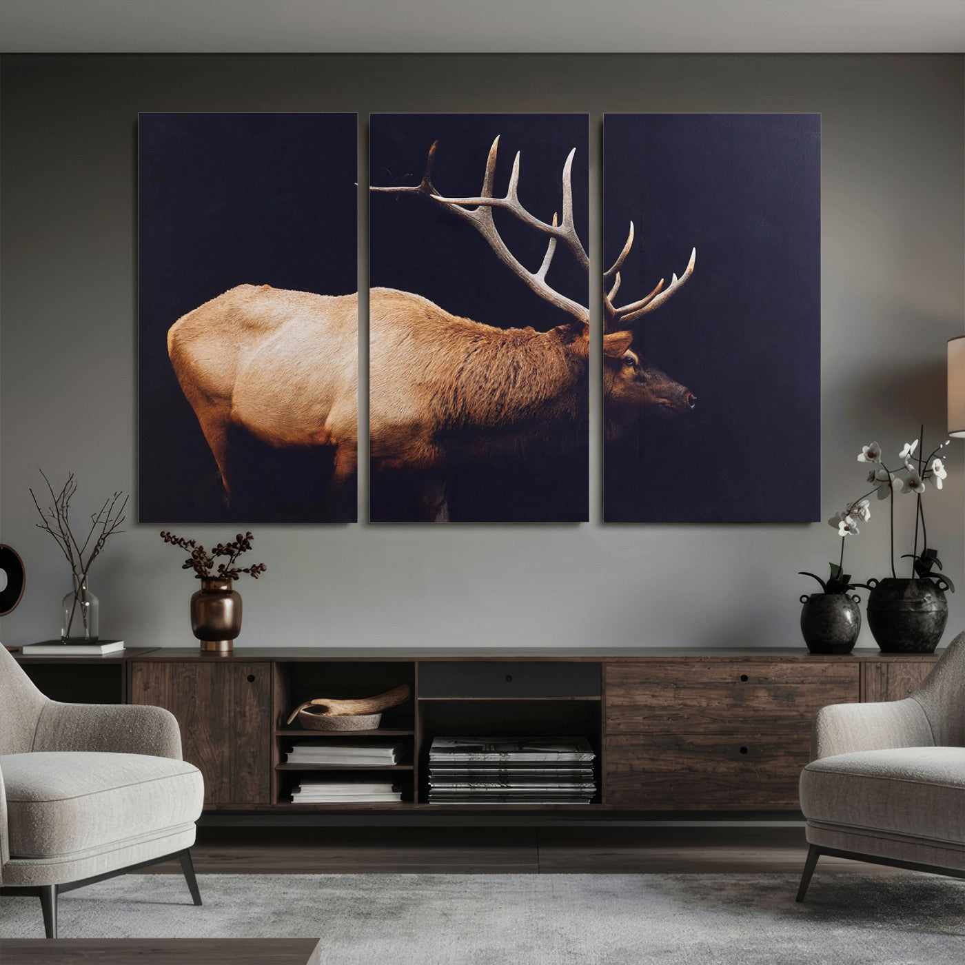 89239257-MGV-CV-36X24 - Rustic Elk Wall Art Canvas Print – Framed Moody Wildlife Art Picture Western Animal Artwork for Home, Office Decor