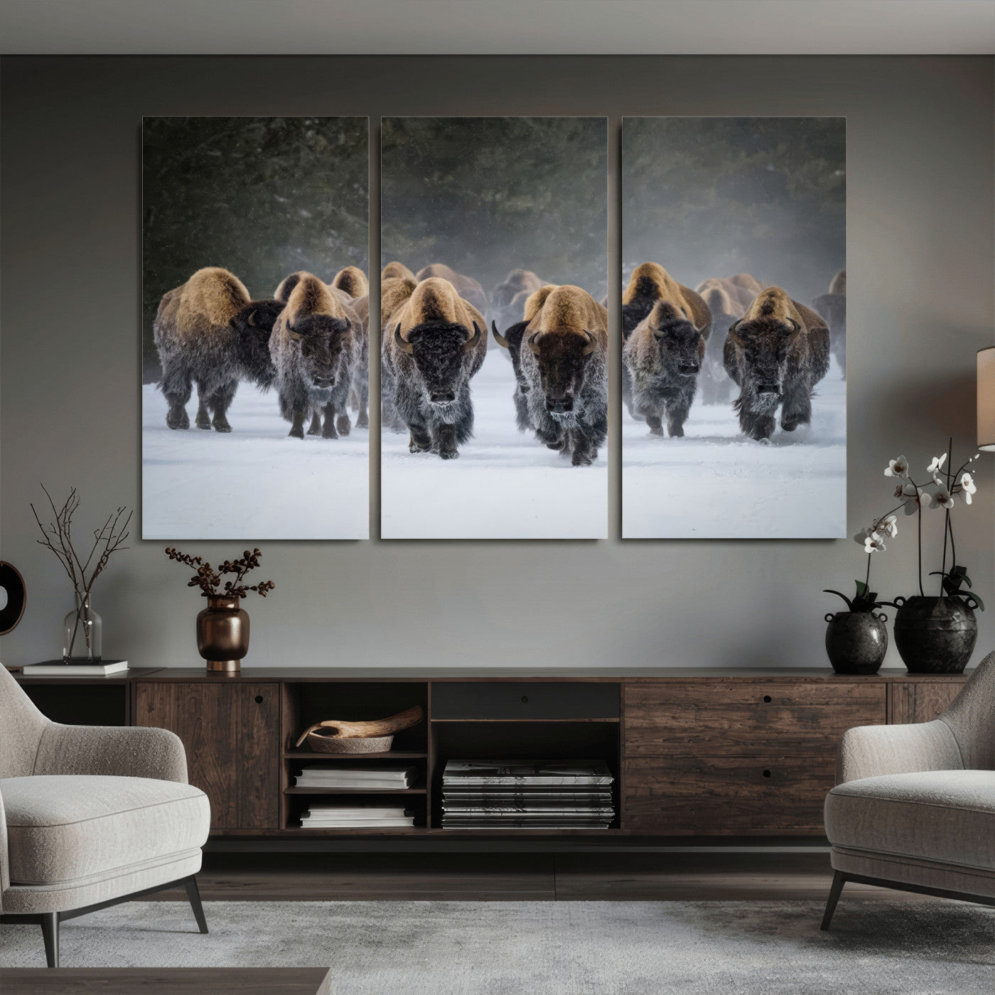 41669135-MGV-CV-36X24 - Winter Bison Herd Wall Art – Majestic Buffalo Charge Canvas Print with Snow Covered Plains, Rustic Wildlife Strength and Untamed Nature Decor for Home and Office