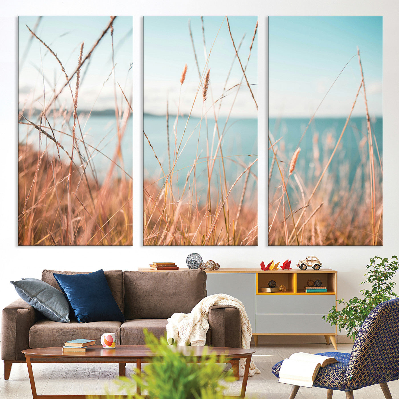 36108696-MGV-CV-36X24-Coastal Grass Landscape Wall Art Canvas Print – Golden Shoreline Nature Scene Serene Ocean View Artwork for Home Office