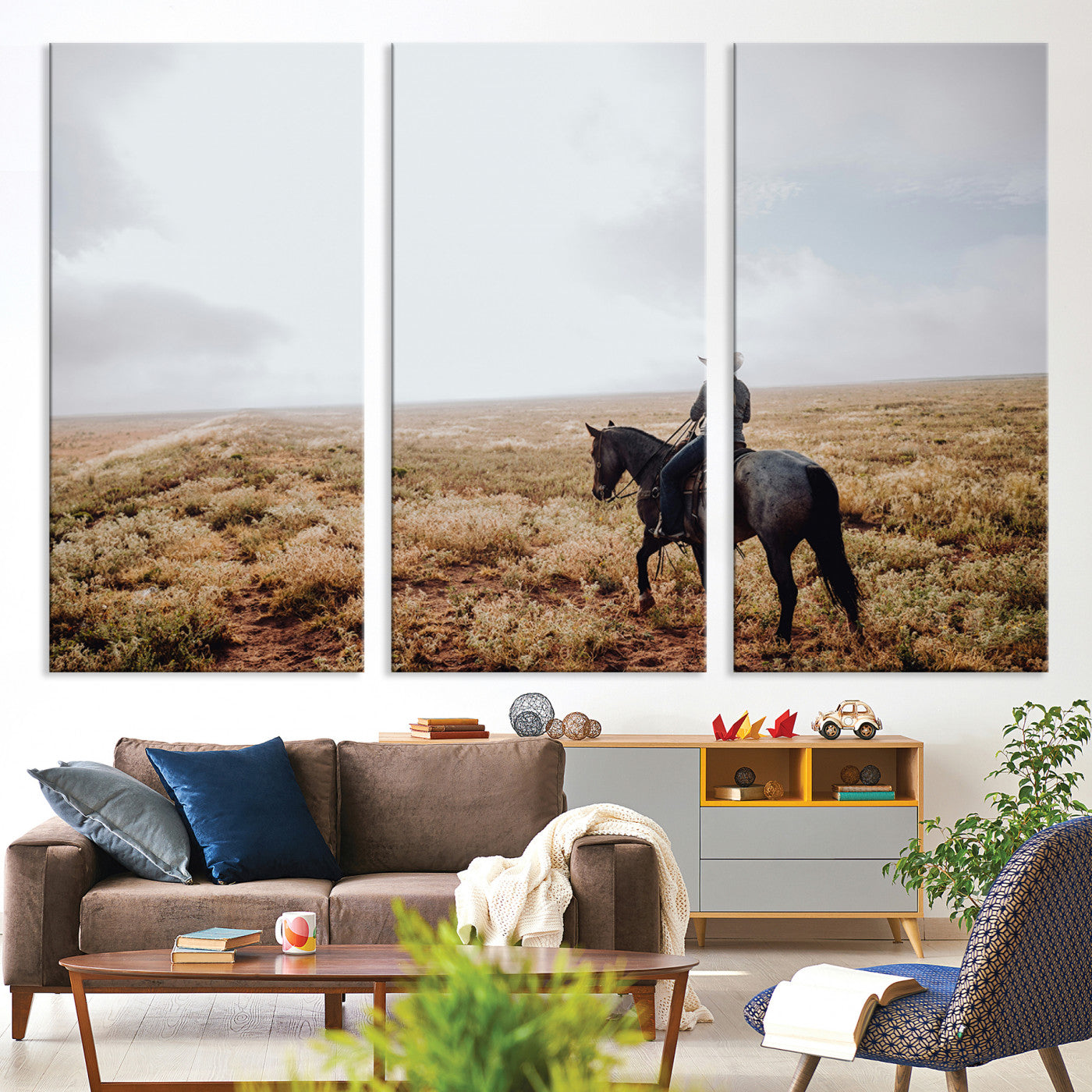 57597730-MGV-CV-36X24-Cowboy Wall Art Canvas Print – Framed Western Rustic Ranch Scene Country Landscape Artwork for Home Office