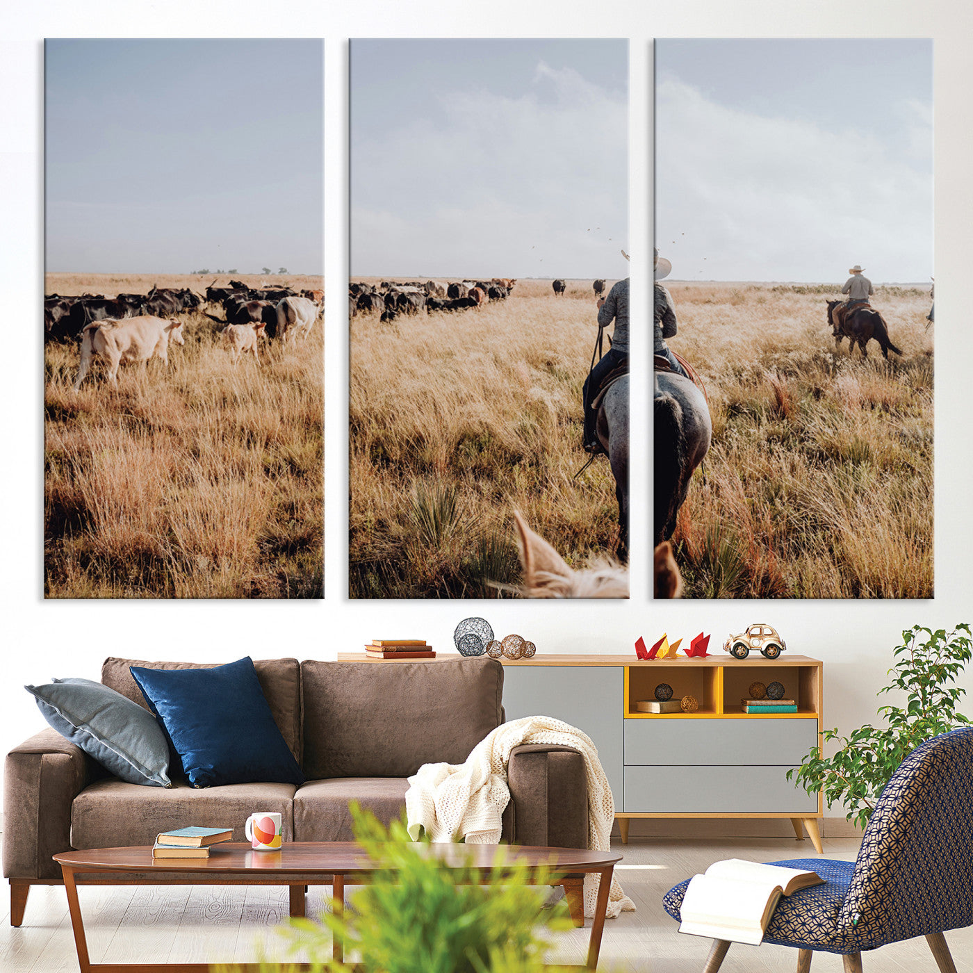 22431577-MGV-CV-36X24-Western Wall Art Canvas Print – Framed Cowboy Cattle Drive Scene Rustic Ranch Landscape Artwork for Home Office