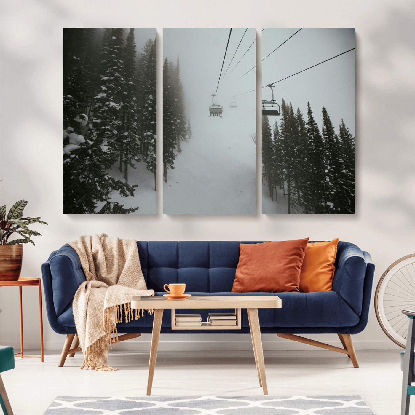 -Ski Lift Wall Art Canvas Print – Snowy Pines Misty Landscape Winter Serenity Artwork for Home, Office Decor