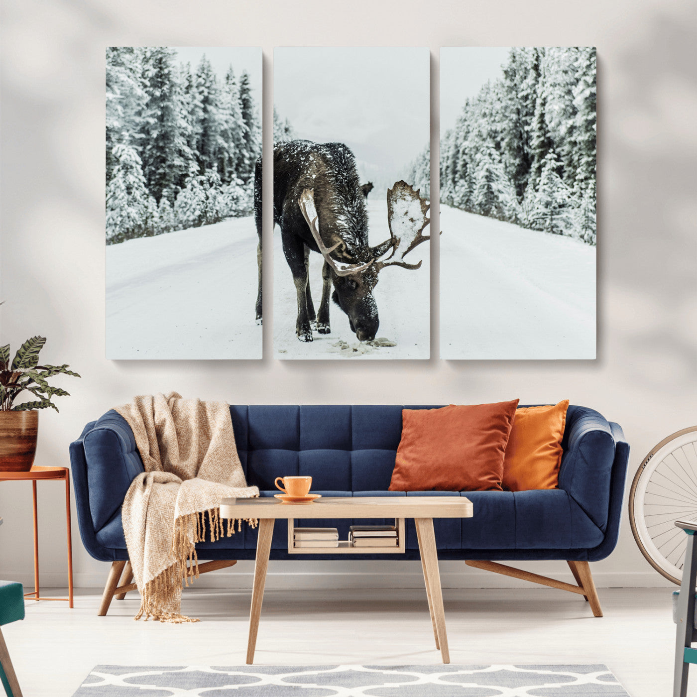 -Moose Snow Wall Art Canvas Print – Framed Winter Wildlife Snowy Forest Nature Scene Artwork for Home, Office, Living Room