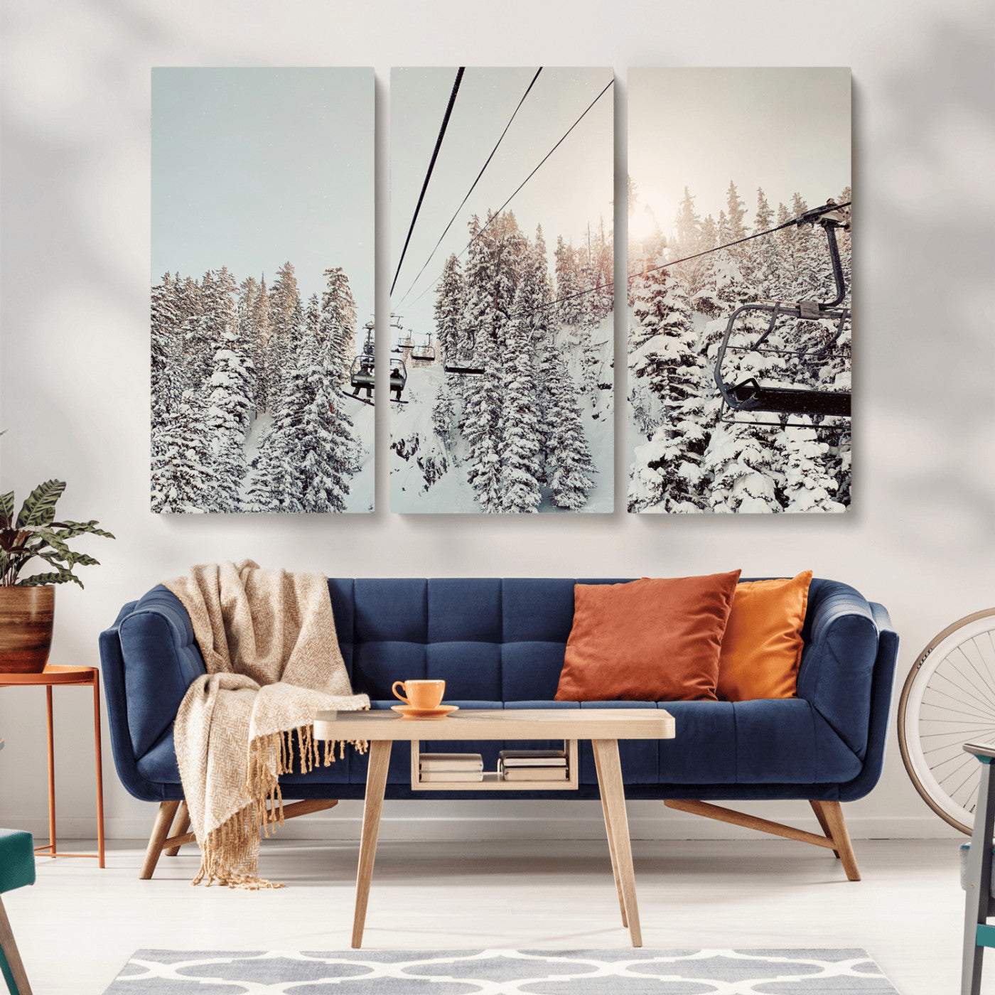 91534512-MGV-CV-36X24-Frosty Pines Wall Art Canvas Print – Framed Cozy Cabin Ski Lift Ride Winter Scene Artwork for Home Office