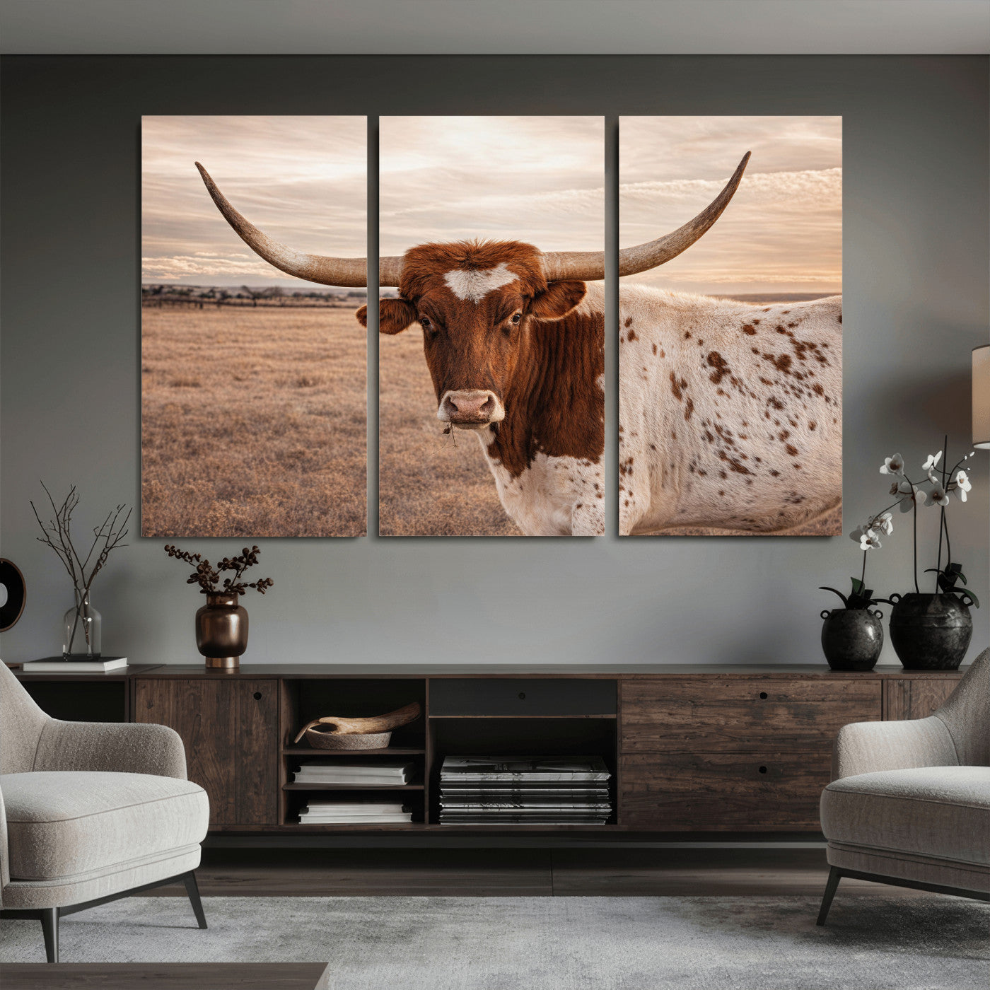 95745718-MGV-CV-36X24 - Longhorn Cow Wall Art – Texas Bull Canvas Print, Rustic Farm Cattle Photography, Western Animal Decor for Country Home, Living Room or Game Room