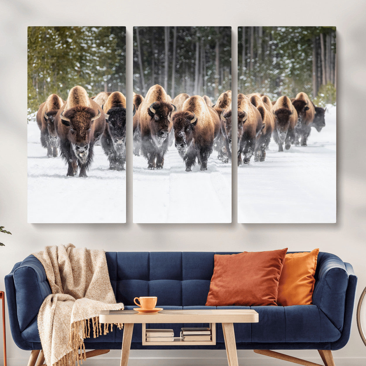 96906195-MGV-CV-48X32-3P - American Bison Herd Snow Canvas Wall Art – Powerful Winter Wildlife Print of Buffalo Motion, Rustic Lodge or Western Cabin Decor for Living Room, Office