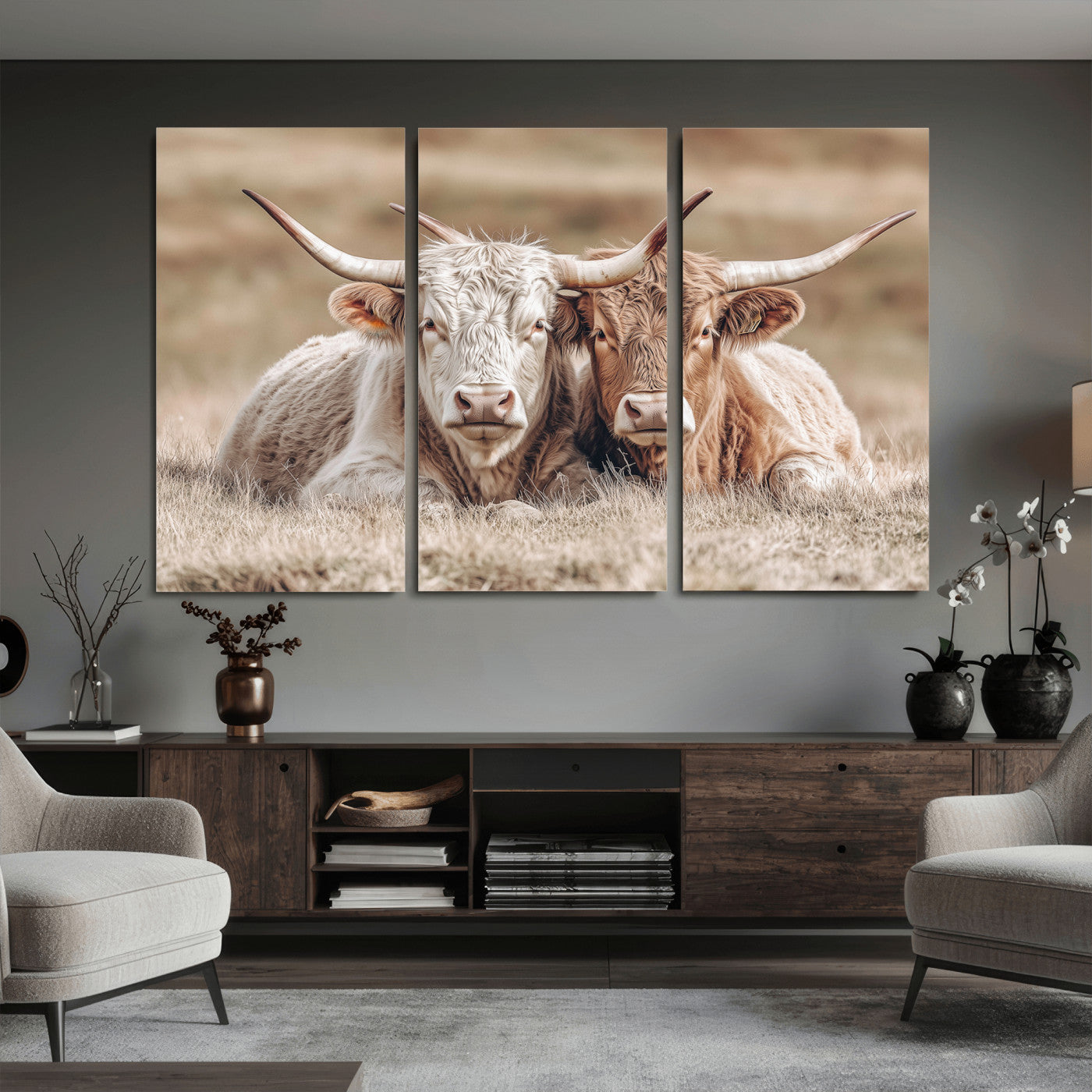 38651722-MGV-CV-36X24 - Highland Cows Meadow Canvas Wall Art – Peaceful Cow Photography Print, Rustic Farmhouse Animal Decor for Country Home, Living Room, Office