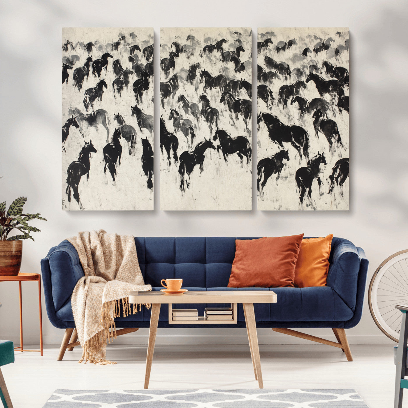 -Wild Horse Stampede Wall Art Canvas Print – Monochrome Running Horses Dynamic Motion Elegant Scene Artwork for Home, Office