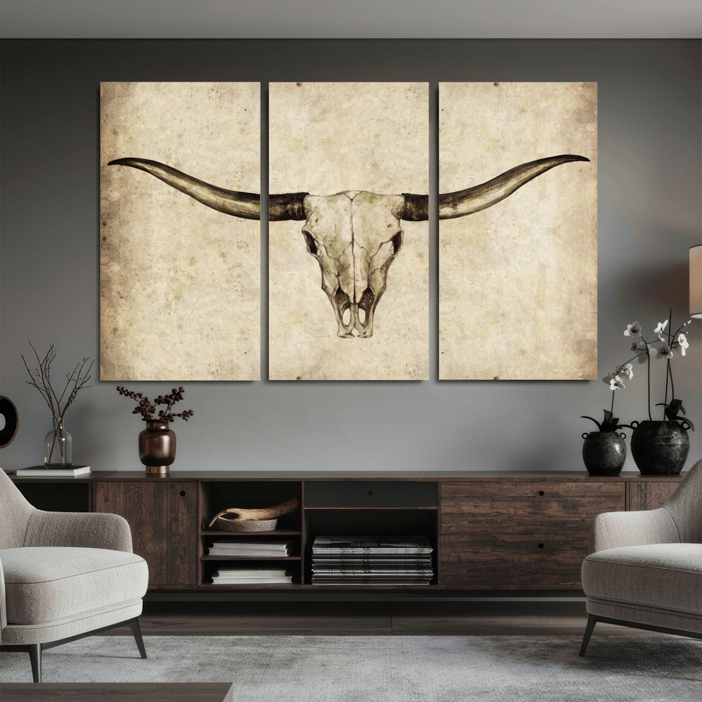 42788678-MGV-CV-36X24 - Longhorn Skull Wall Art Canvas Print – Rustic Western Artwork Print for Living Room Wall Decor