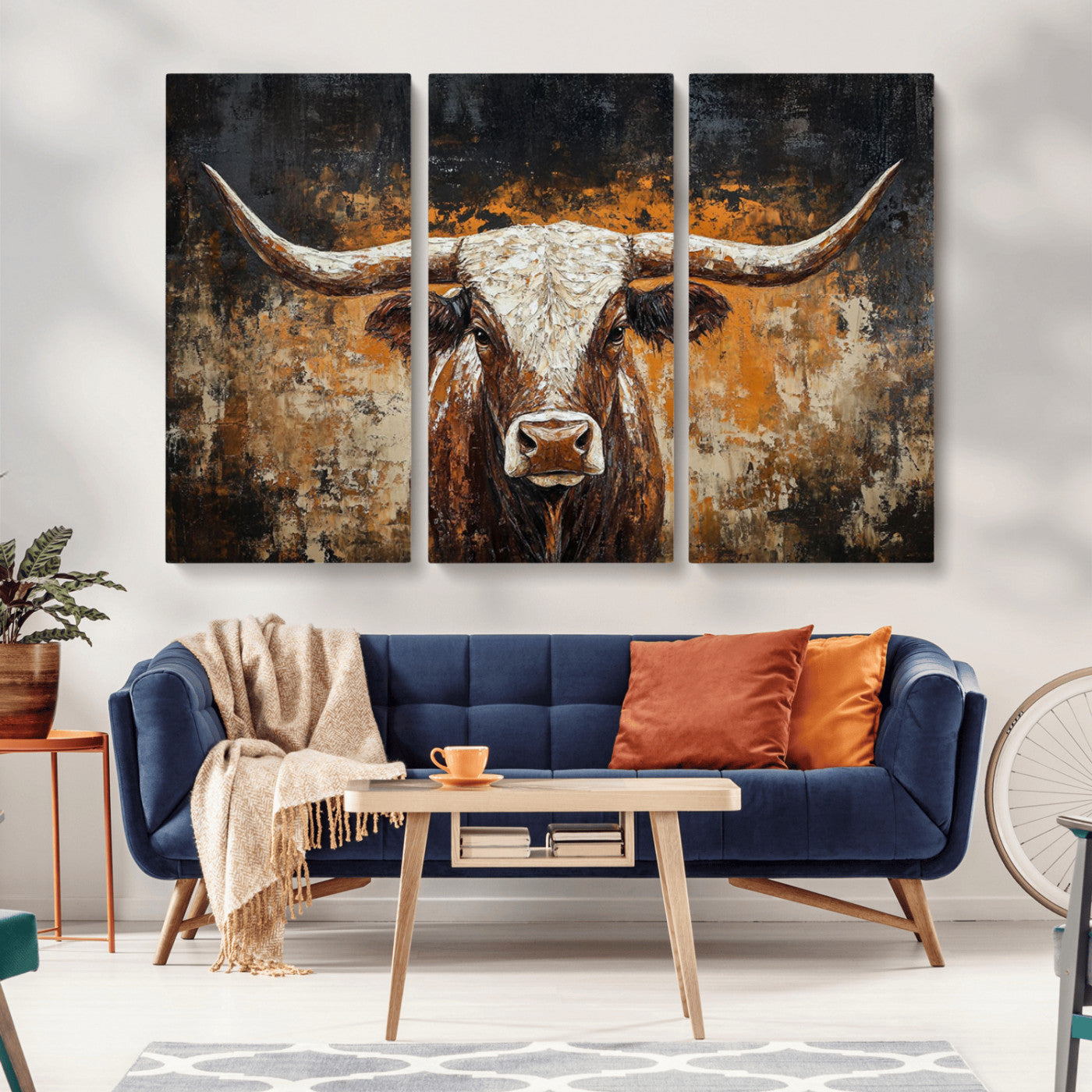 25265572-MGV-CV-36X24-Rustic Longhorn Bull Wall Art Canvas Print – Vintage Western Cattle Scene, Texas Steer Artwork for Home, Office