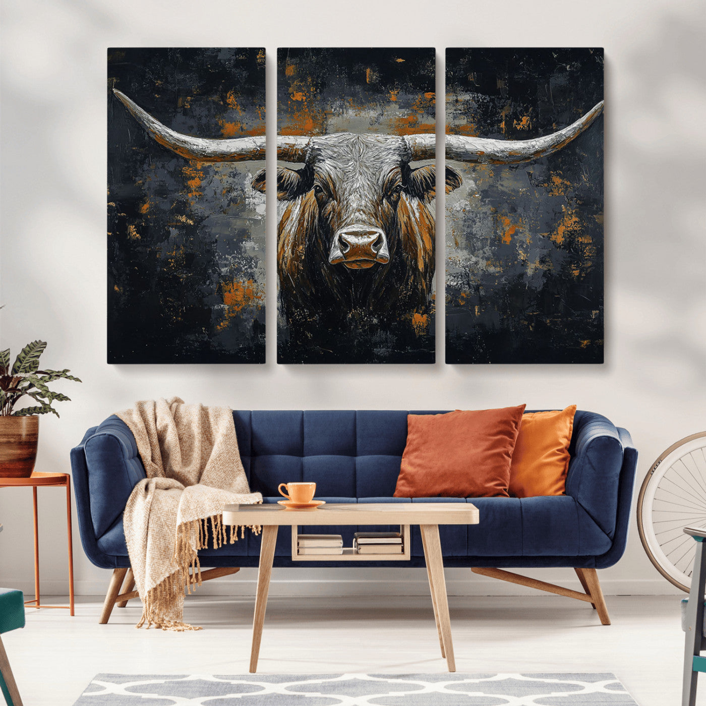 93195031-MGV-CV-36X24-Rustic Longhorn Bull Wall Art Canvas Print – Vintage Western Cattle Scene, Texas Steer Artwork for Home, Office