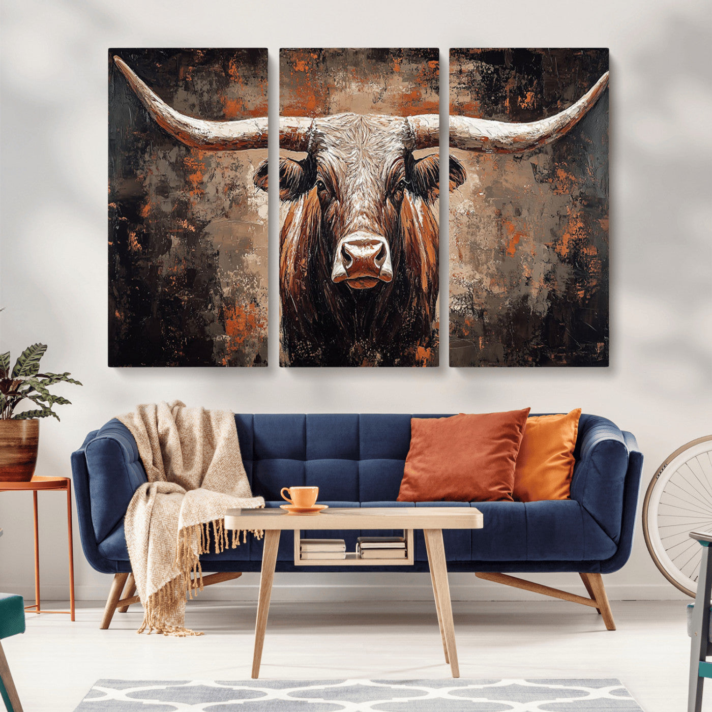 42732393-MGV-CV-36X24-Rustic Longhorn Bull Wall Art Canvas Print – Vintage Western Cattle Scene, Texas Steer Artwork for Home, Office