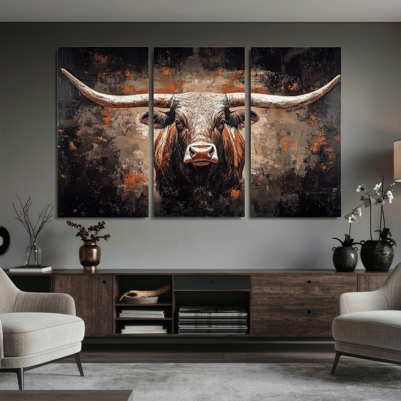 24779067-MGV-CV-36X24 - Rustic Longhorn Bull Wall Art Canvas Print – Vintage Western Cattle Painting, Texas Steer Artwork