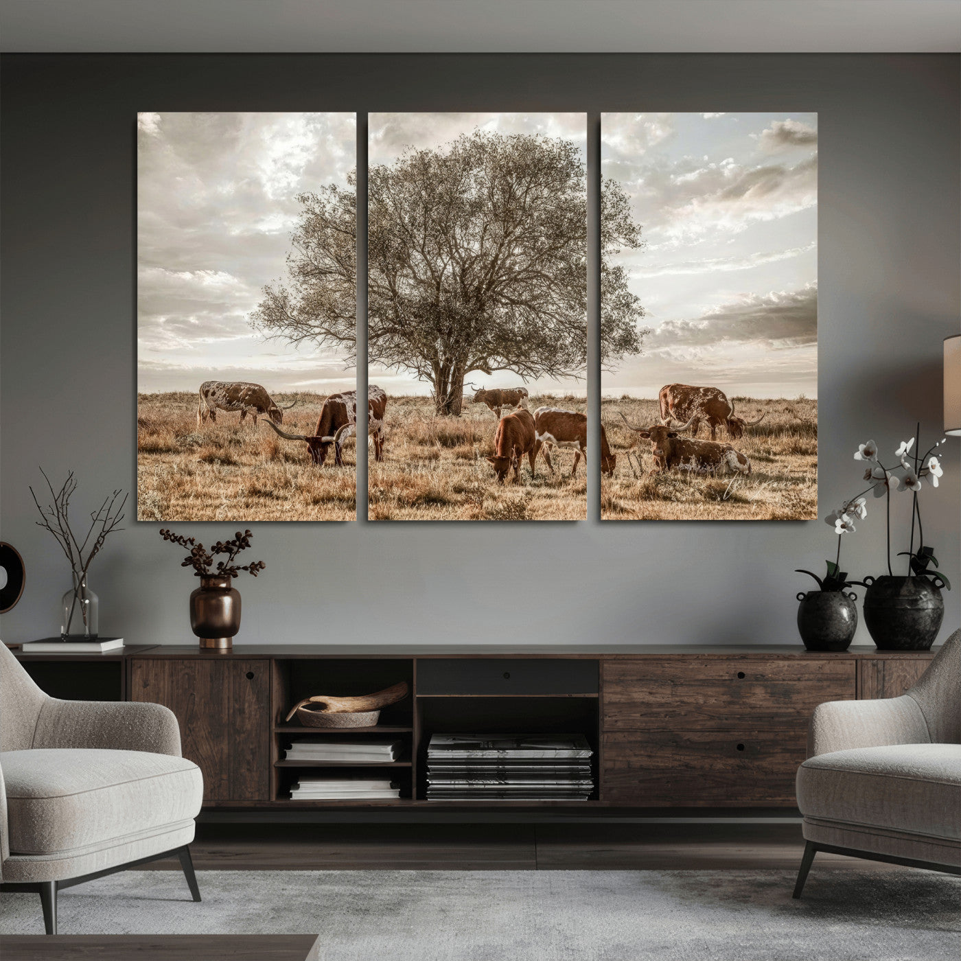 87590224-MGV-CV-36X24 - Texas Longhorn Cattle Wall Art Canvas Print – Rustic Western Ranch Scene with Steers at Sunset, Perfect for Farmhouse or Cowboy Decor
