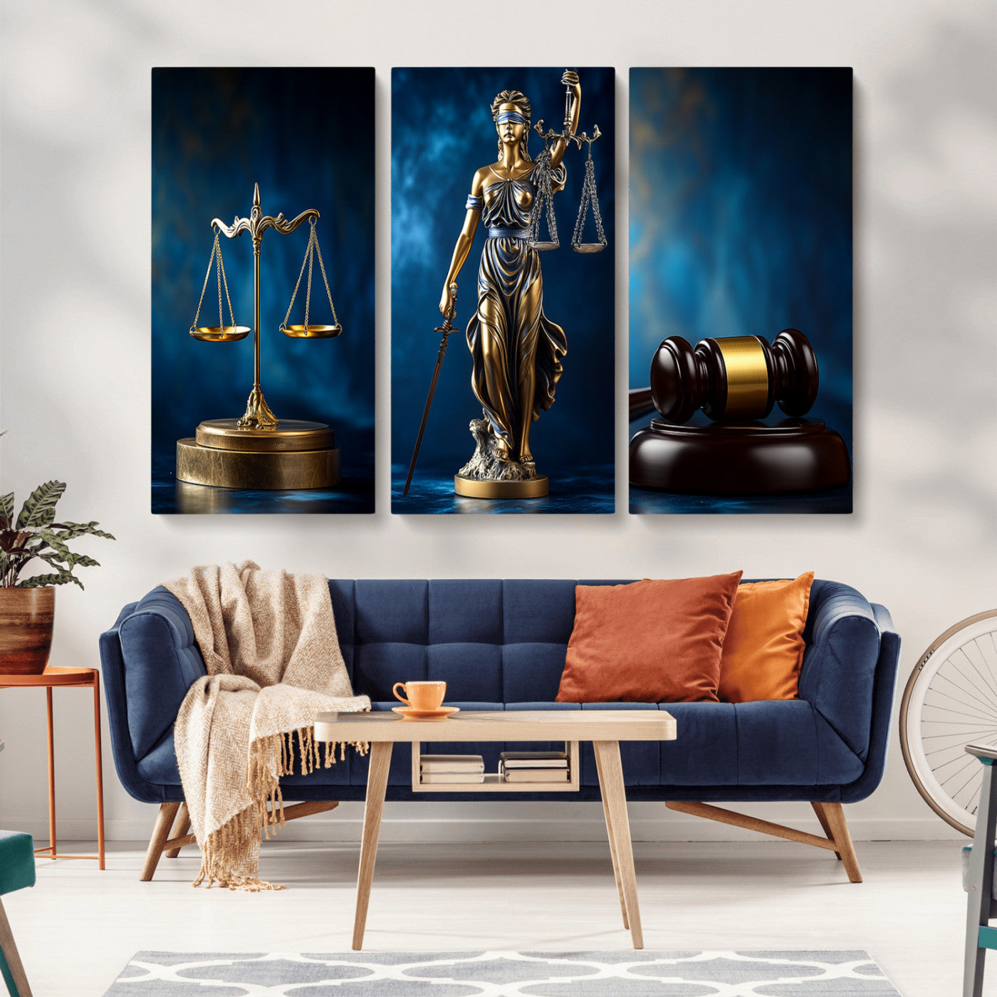 33888279-MGV-FP-36X24-3P_Walnut-Lady Justice Wall Art Canvas Print – Elegant Gold Legal Symbols Blue Background, Perfect for Law
