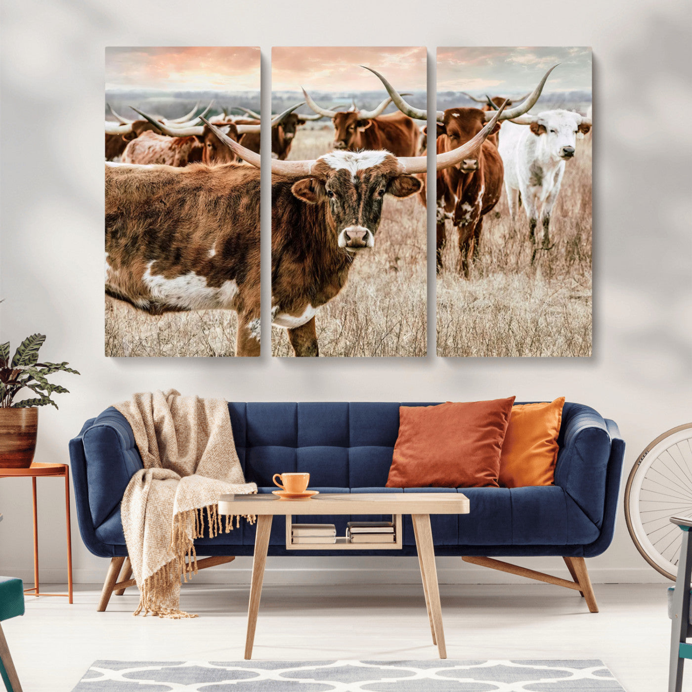 -Texas Longhorn Cattle Wall Art Canvas Print – Rustic Western Ranch Scene with Steers Sunset for Home, Office
