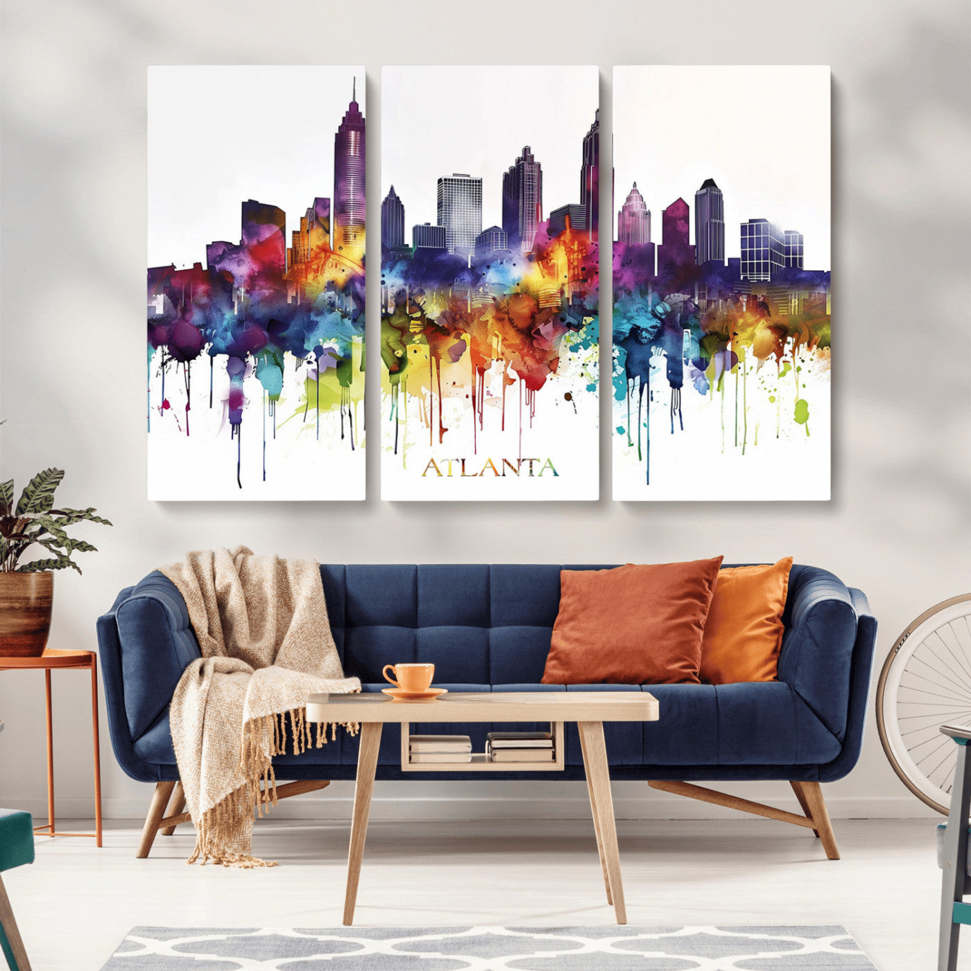 36048320-MGV-CV-36X24-Atlanta Skyline Wall Art Canvas Print – Framed Colorful Watercolor Cityscape Abstract Urban Artwork for Home, Office