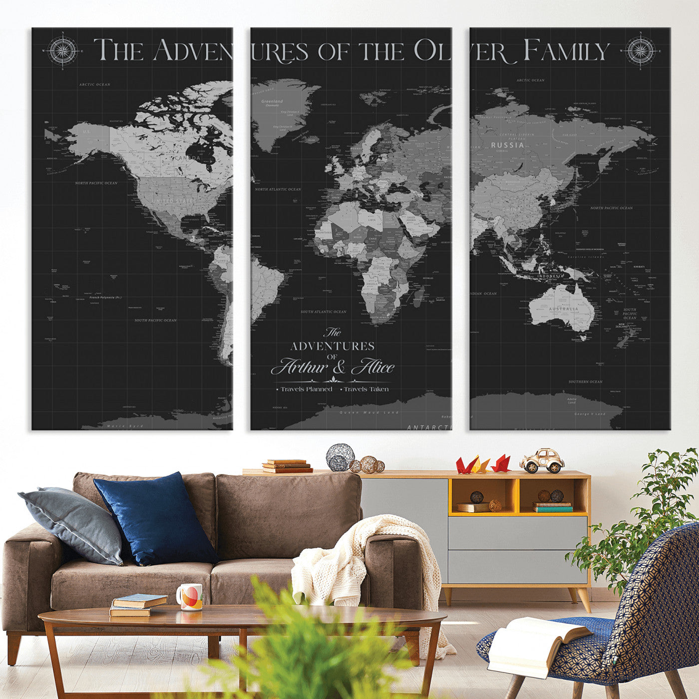 -Personalized Family World Map Canvas – Custom Framed Push Pin Travel Tracker, Modern Adventure Wall Art for Home, Office